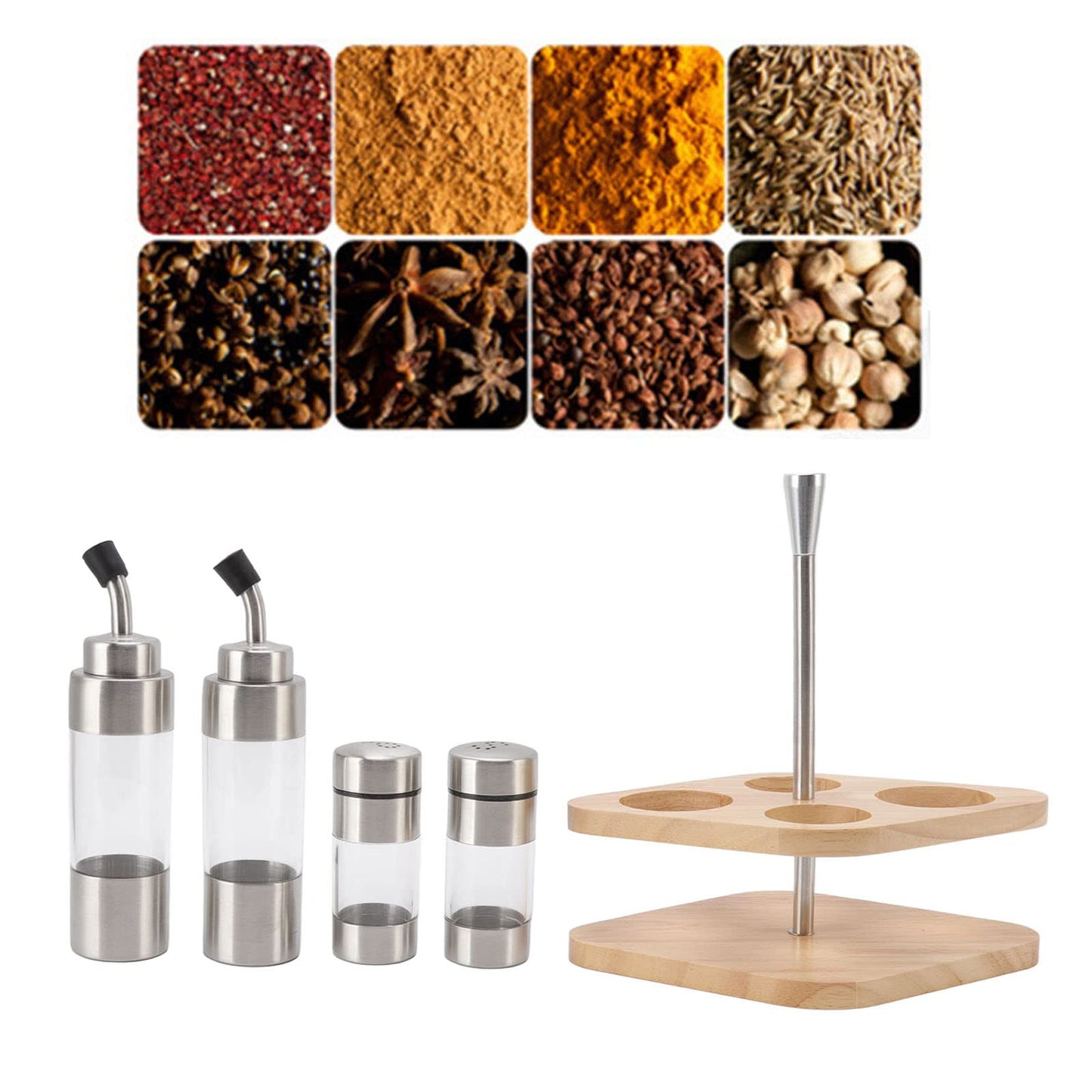 Cyrank Salt and Pepper Shakers, Olive Oil and Vinegar Dispenser Set with Wood Holder Glass Spice Dispenser for Home Kitchen Restaurant