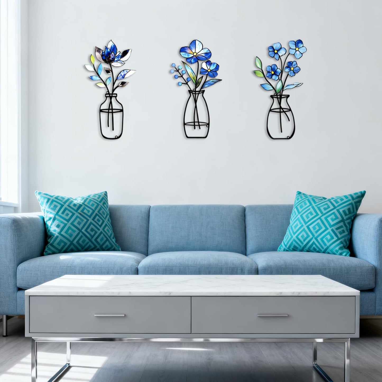 KIROYAL 3 Pcs Metal Vase Wall Arts,Iron Art Painting,Rustic Farmhouse Decor Minimalist Flower Wall Decor for Bedroom Bathroom Living Room Dining Room(Blue, Vase-D)