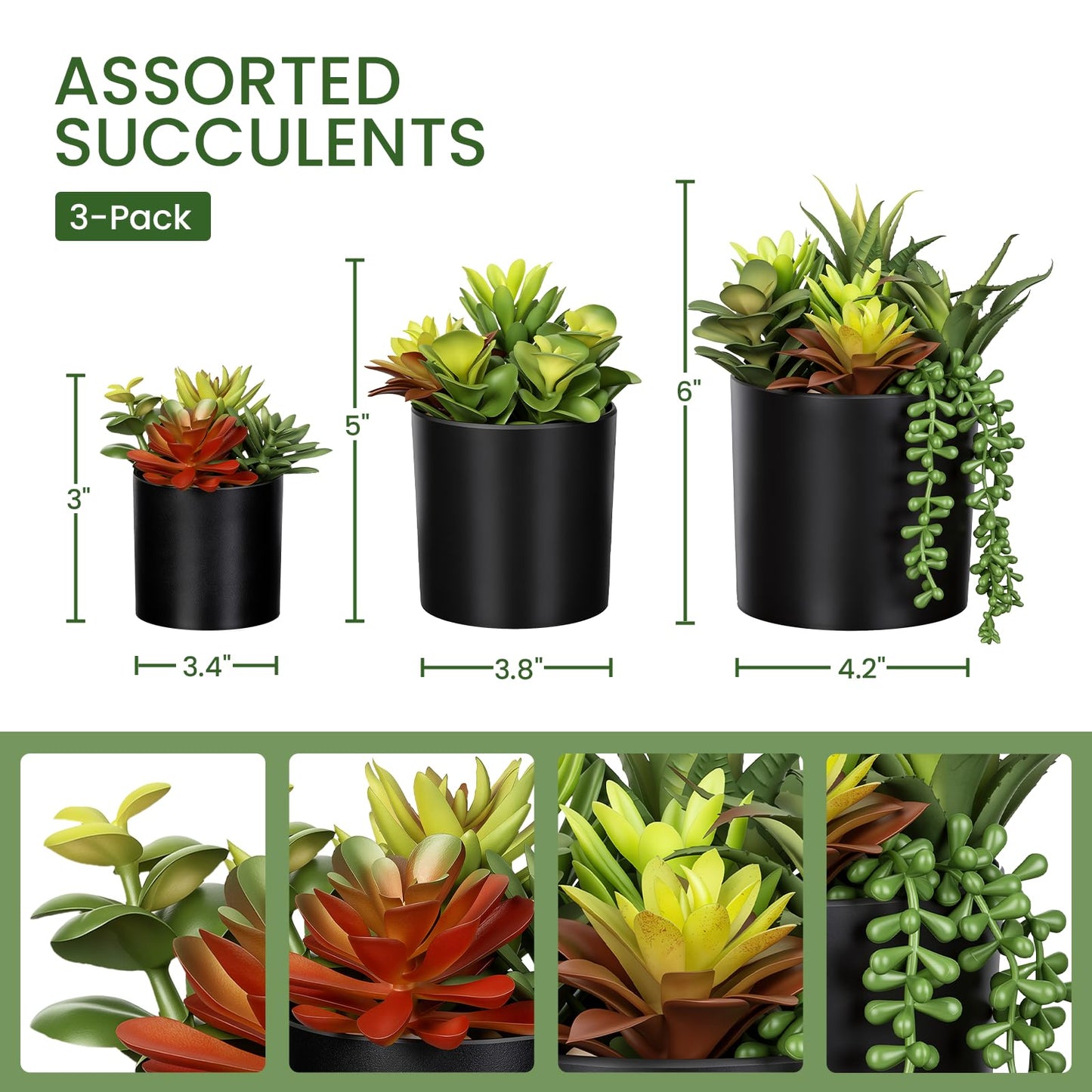 LeafVerse Artificial Succulents 3 Pack - UV Resistant Faux Plants with Pots for Indoor Outdoor Decor - Lifelike Small Fake Potted Plants for Home Office Desk Bathroom Bedroom Shelf Aesthetic