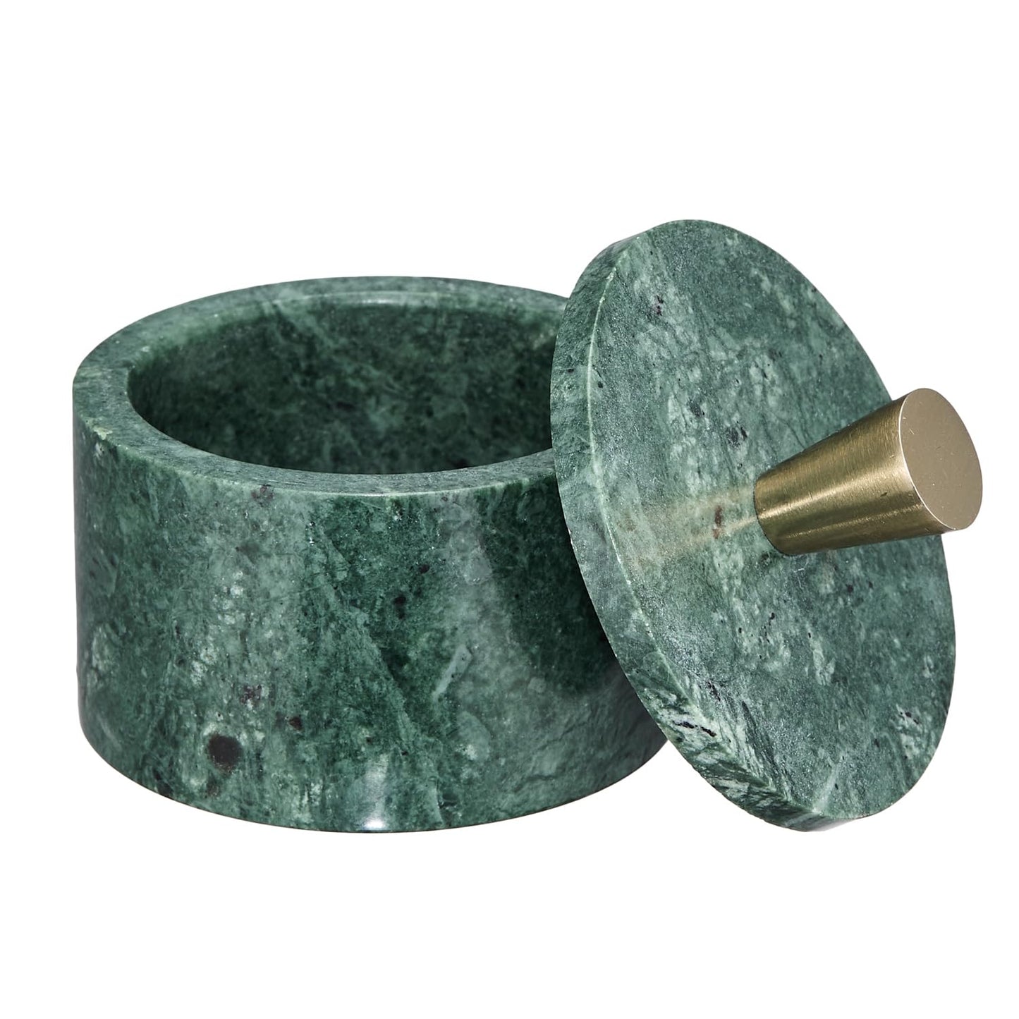 Queenza Green Marble Salt Cellar with Lid & Brass Knob - Natural Marble Spice Container for Kitchen Countertop, Gourmet Salt Holder, Small Decorative Storage Box, Gift for Home Chef