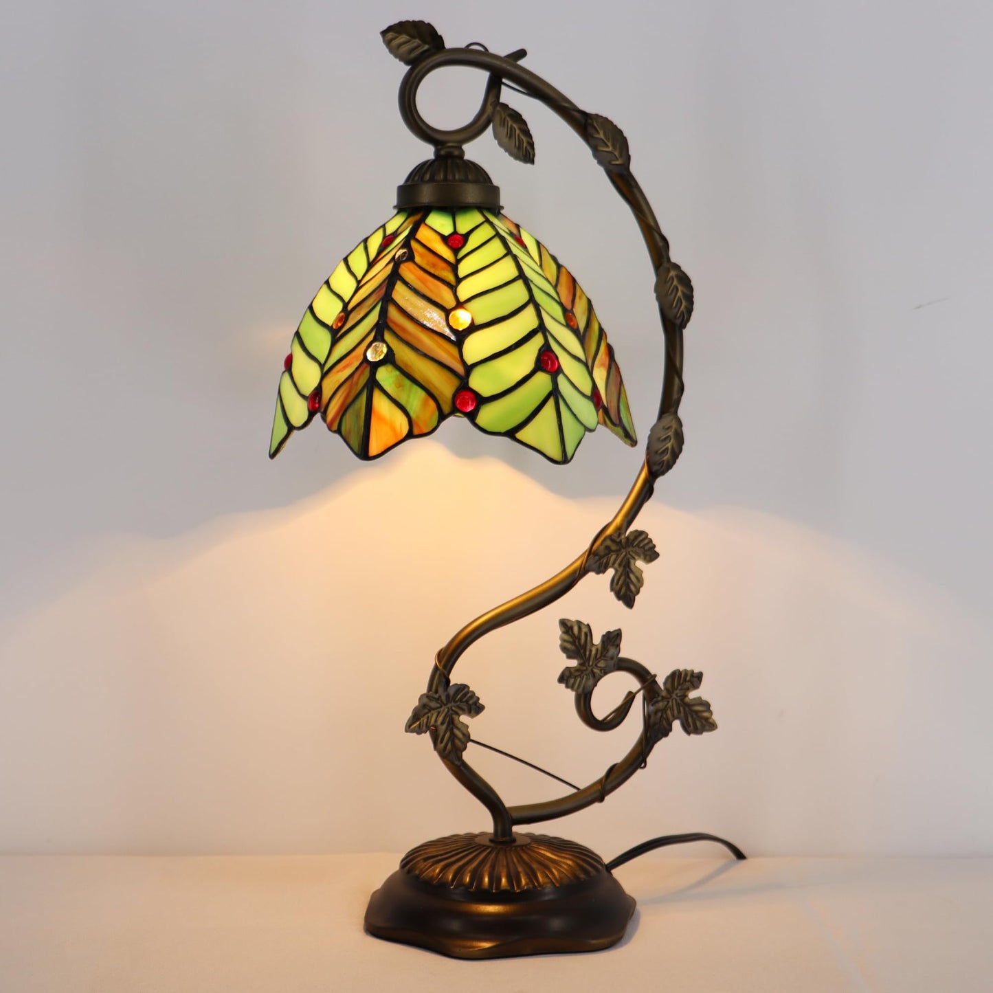 LXHCYOU Tiffany Table Lamp, Stained Glass Desk Light, 8X10X21 Inches, Metal Leaf Base (Brown Green Leaf)