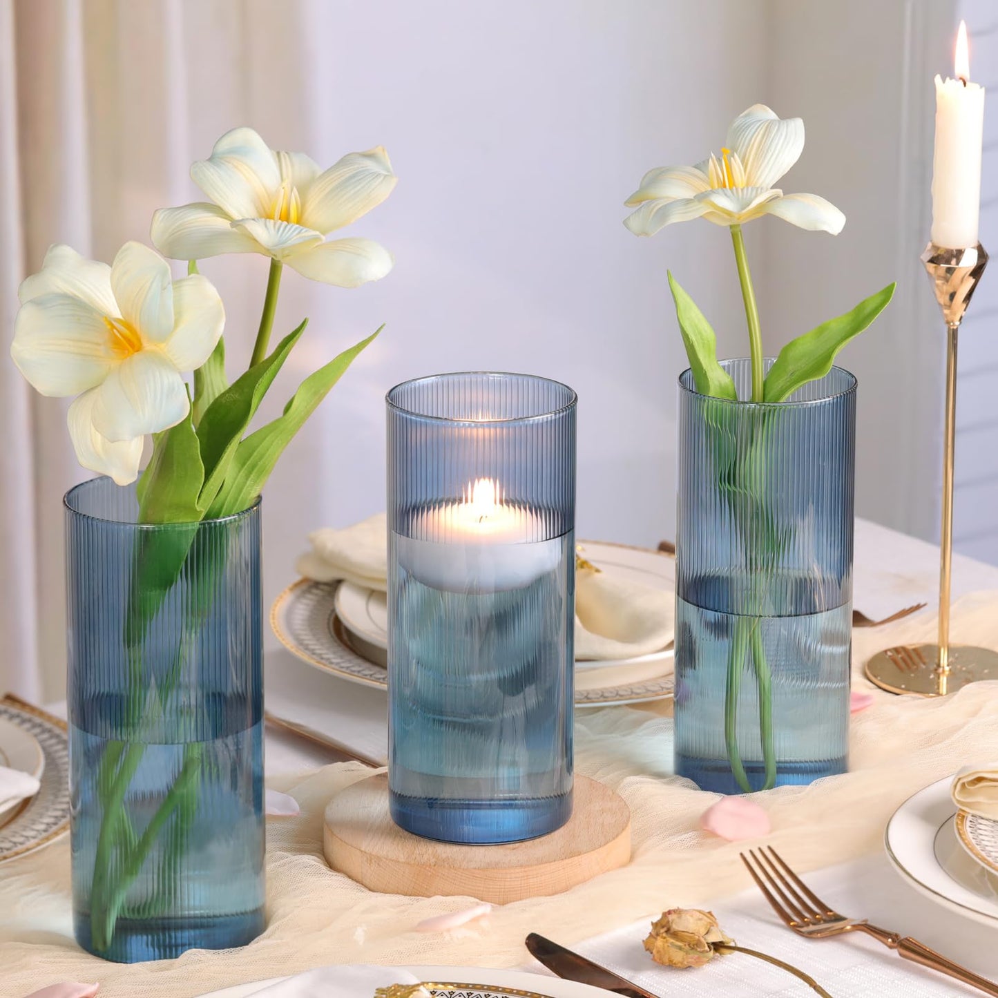Glass Cylinder Vases, Blue Vases for Centerpieces Set of 3, 8 Inch Tall Ribbed Vase Hurricane Floating Candle Holder, Small Vases for Flowers Wedding Decoration, Home Decor, Housewarming Gift (Blue)