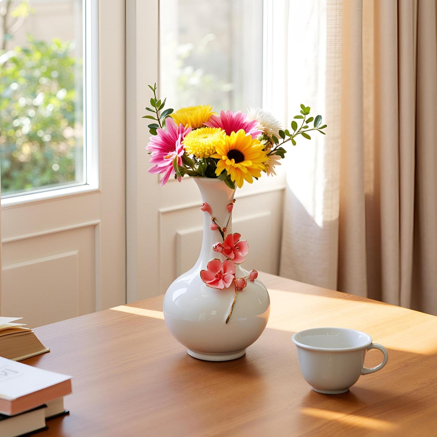 MTME Porcelain vase with Flowers, Plum Blossom, Memorabilia, Wedding Gifts, Aesthetic Sculpture Home décor (Yellow)