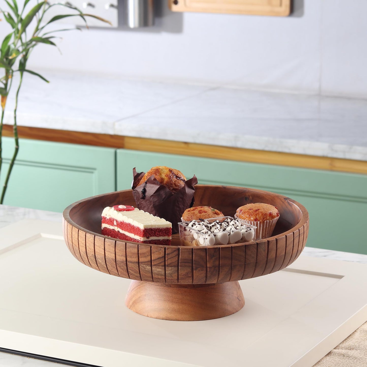 LAVAUK Acacia Wood fruit bowl with pedestal | 12" dia | Decorative bowl used as Centerpiece for kitchen counter or dining table | Wooden table decor| (Natural Finish)