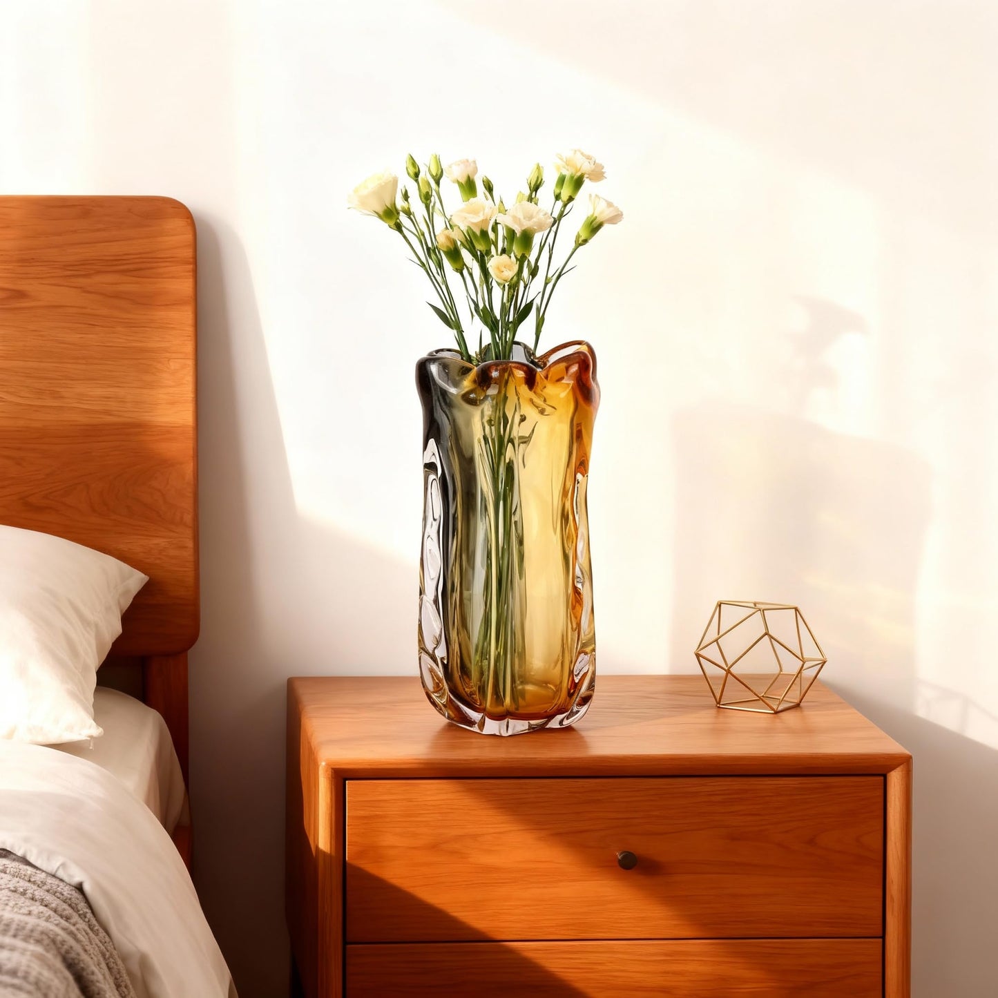 Amber Wide Mouth Vase for Flowers, Decorative Vases for Home Decor, Hand-Blown Murano Art Glass, Modern Art Deco Cut Glass,High-End Unique Designer Centerpiece,Living Room Table Shelf, Plants(Amber,M)