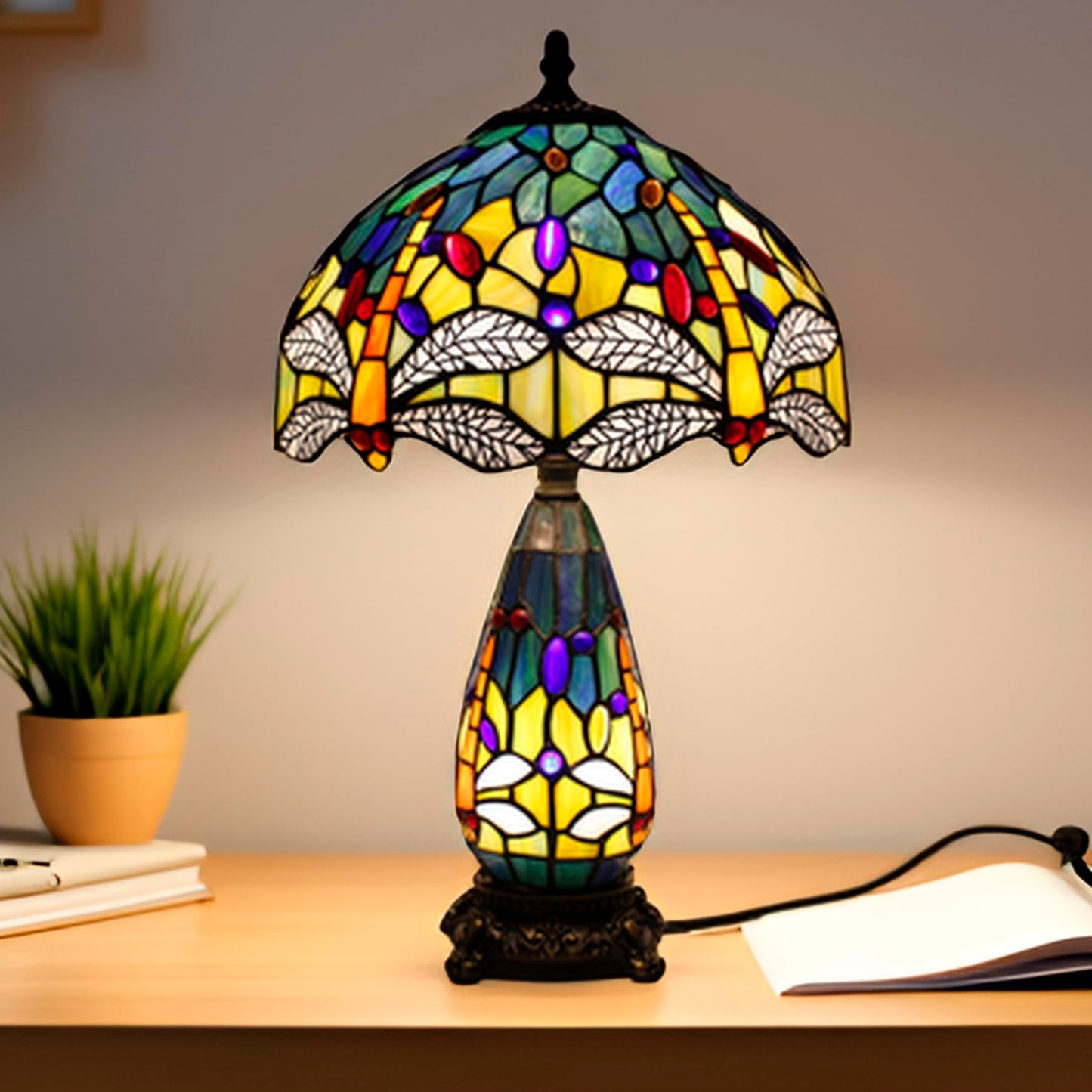 TCODTPOL Tiffany Stained Glass Table Lamp 12X19 Inches Blue Yellow