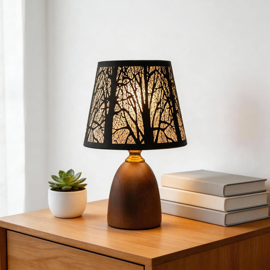 AUGsea 12.4" Rustic Forest Table Lamp, 3-Color Stepless Dimmable Bedside Lamp with Black Metal Tree Shade & Solid Wood Base, Small Decorative Accent Light for Living Room Nightstand,Bulb Included