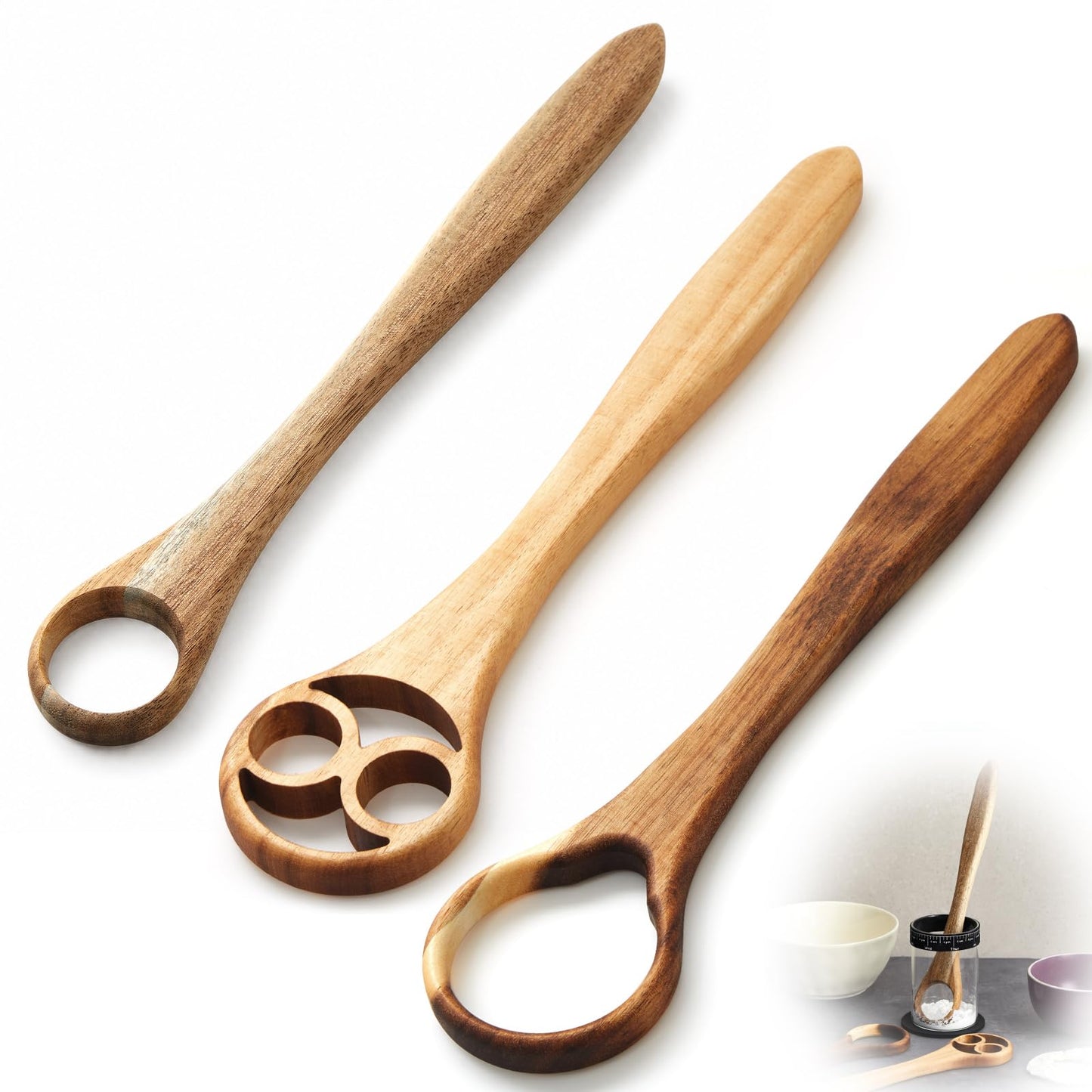 SiliFine Danish Dough Whisk Set of 3, 13" One-piece Acacia Wood Sourdough Whisk for Bread, Pizza, Batter & Starter, Cake Biscuits Flow-through Design, Handmade Bread Baking Gift