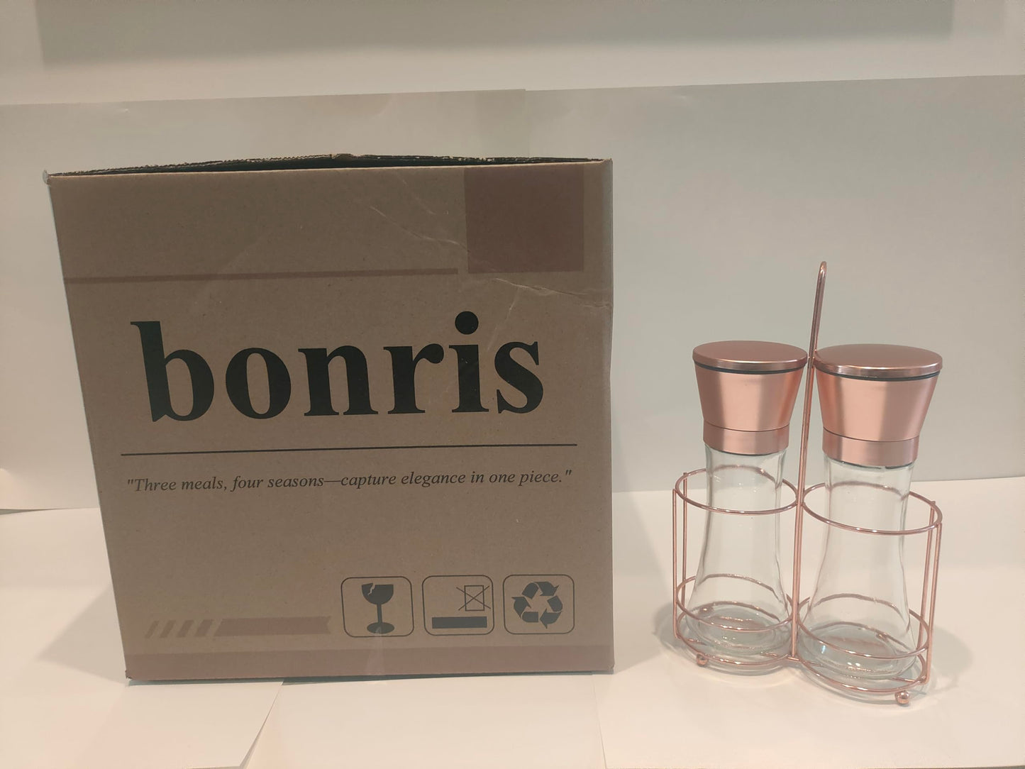 bonris Copper Stainless Steel Salt and Pepper Grinder Set Manual Himalayan Pink Salt Mill|Salt and Pepper Shakers with Adjustable Coarseness and Clear Glass Body (Pack of 2)
