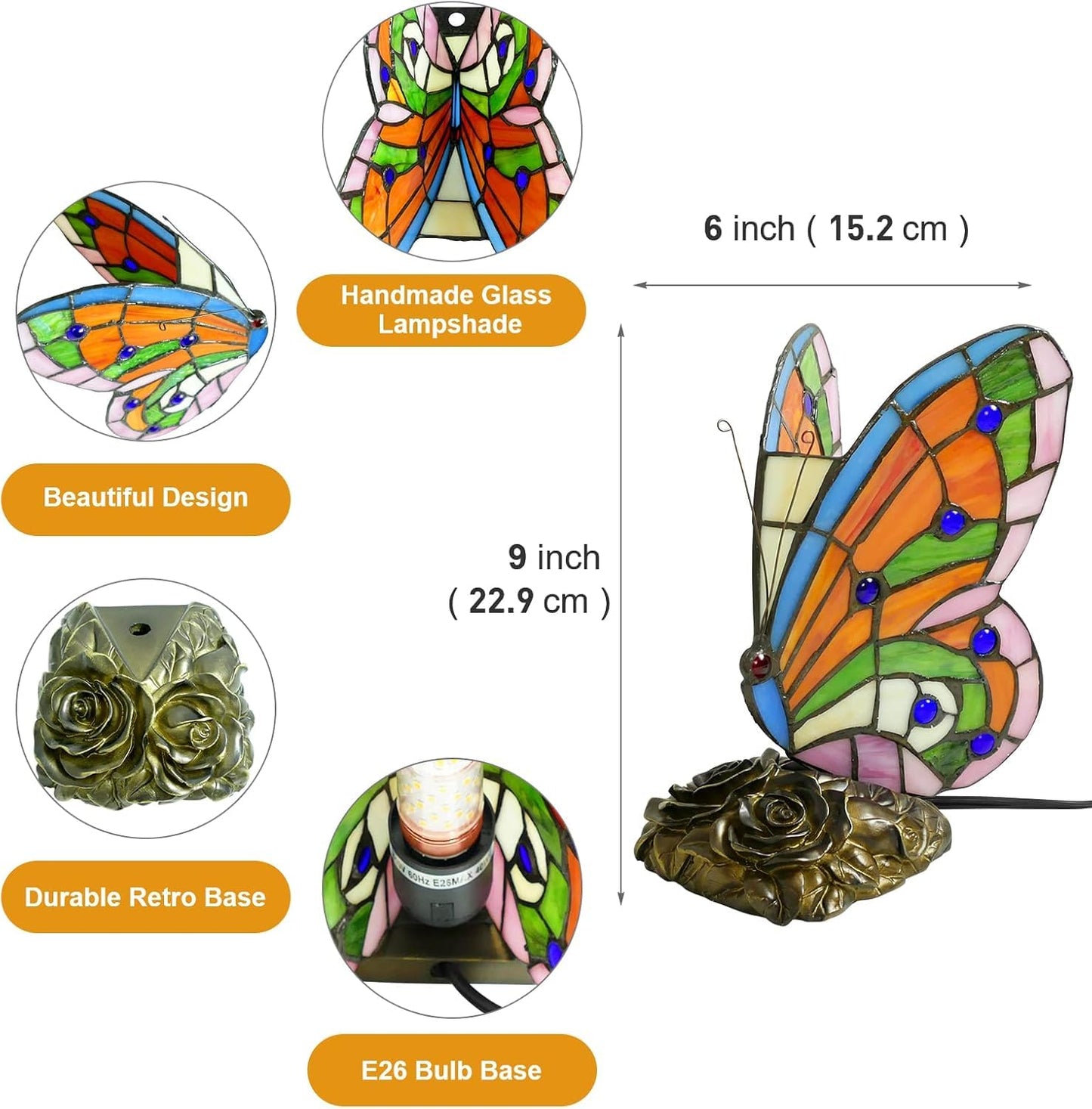 JGWSWQ Butterfly Tiffany Table Lamp, Stained Glass Vintage Night Light
