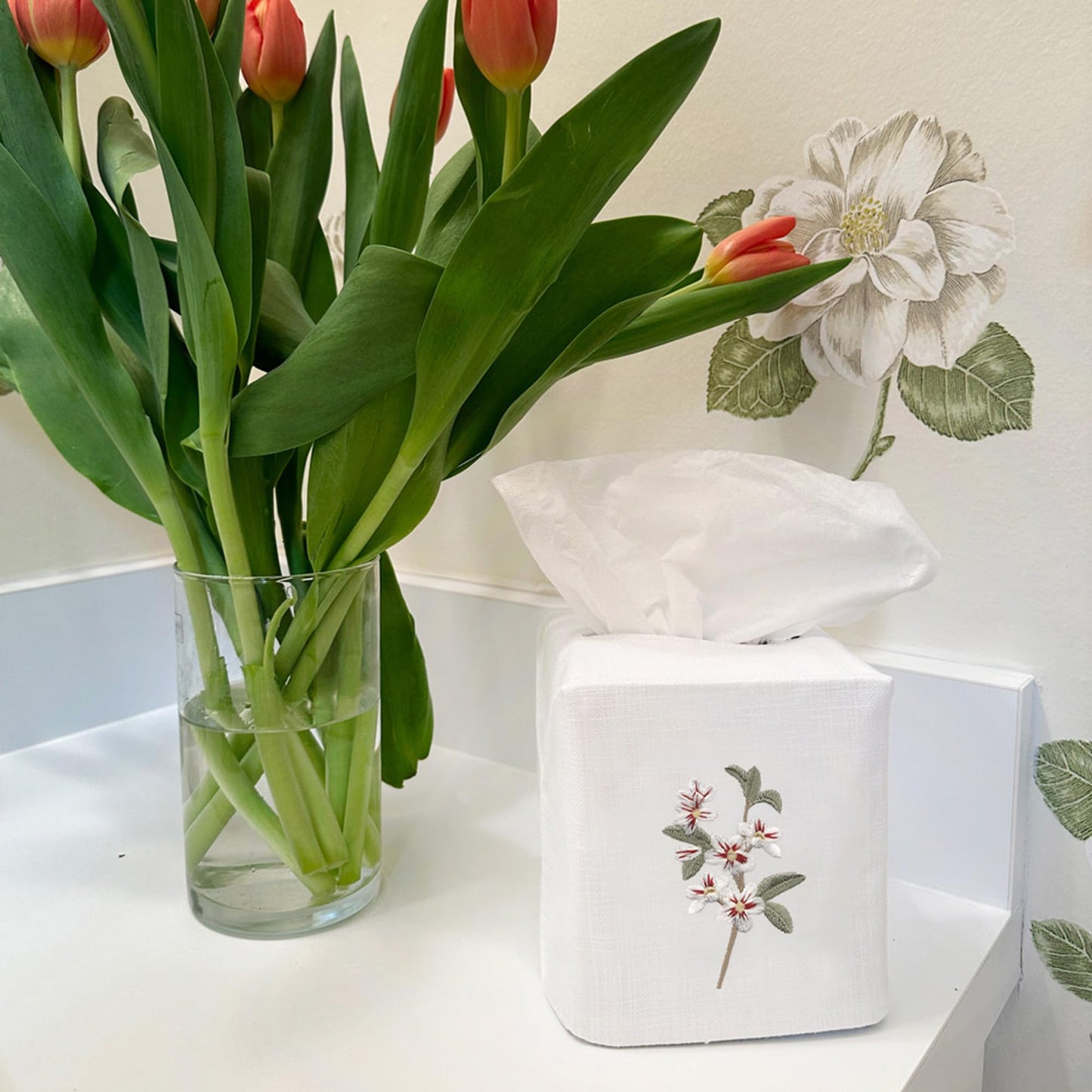 Jacaranda Living Square Tissue Box Cover, Linen/Cotton Fabric Tissue Holder, Decorative Cloth Tissue Cube Cover, Botanical Designs, Apple Blossom (White)