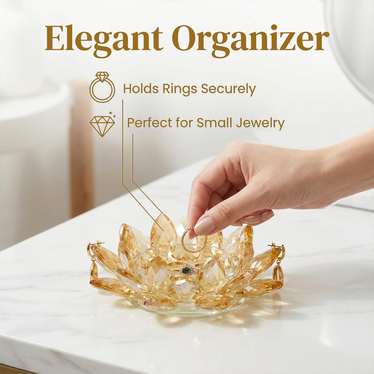 Crystal Flower Jewelry Tray, Luxury Transparent Decorative Trinket Dish for Rings, Earrings, Necklaces, Keys for Vanity Dresser Nightstand, Elegant Gift for Women Mother's Day (1, 6.3"(W)- Gold)