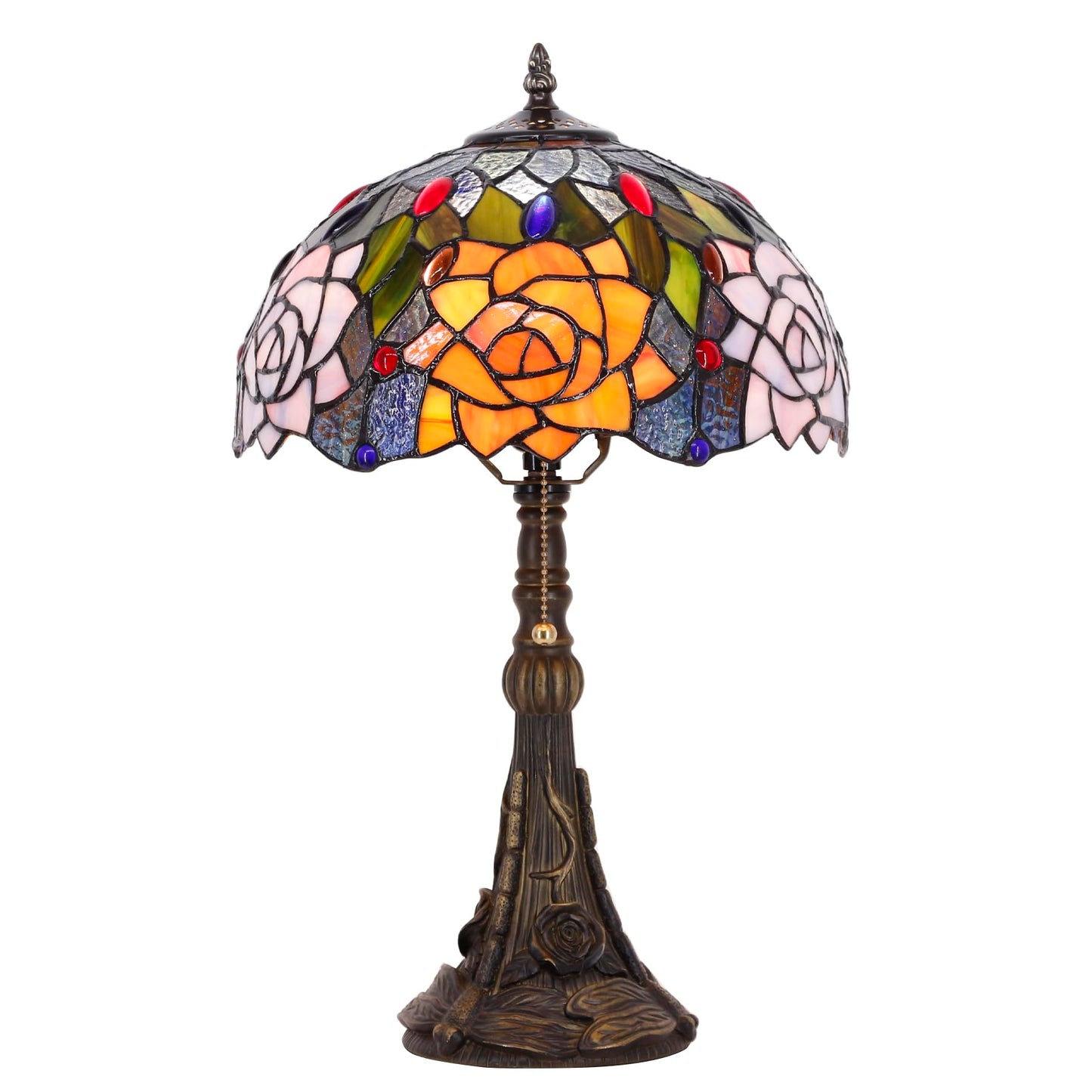 ANYONGLU Tiffany Lamp Stained Glass Table Lamp 12X12X19 Inch Resin Base for Desk Bedroom Living Room Reading Light(Purple Orange Rose Flower)