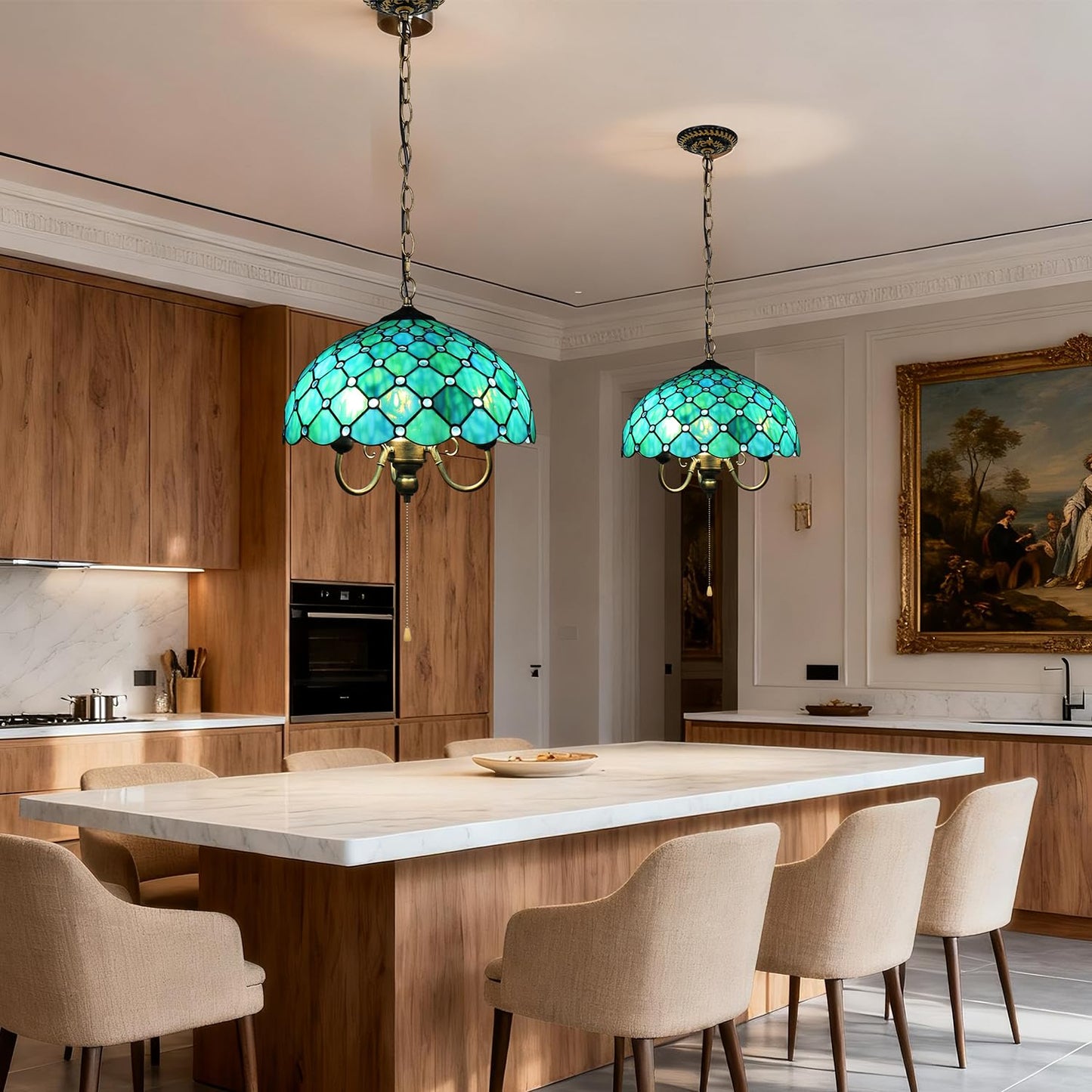TFNTCYG Tiffany Pendant Light, Sea Blue Pearl Style Stained Glass Lamp, 16'' Wide 3-Light Inverted Ceiling Pendant Lights for Living Dining Room Kitchen Bedroom Entryway