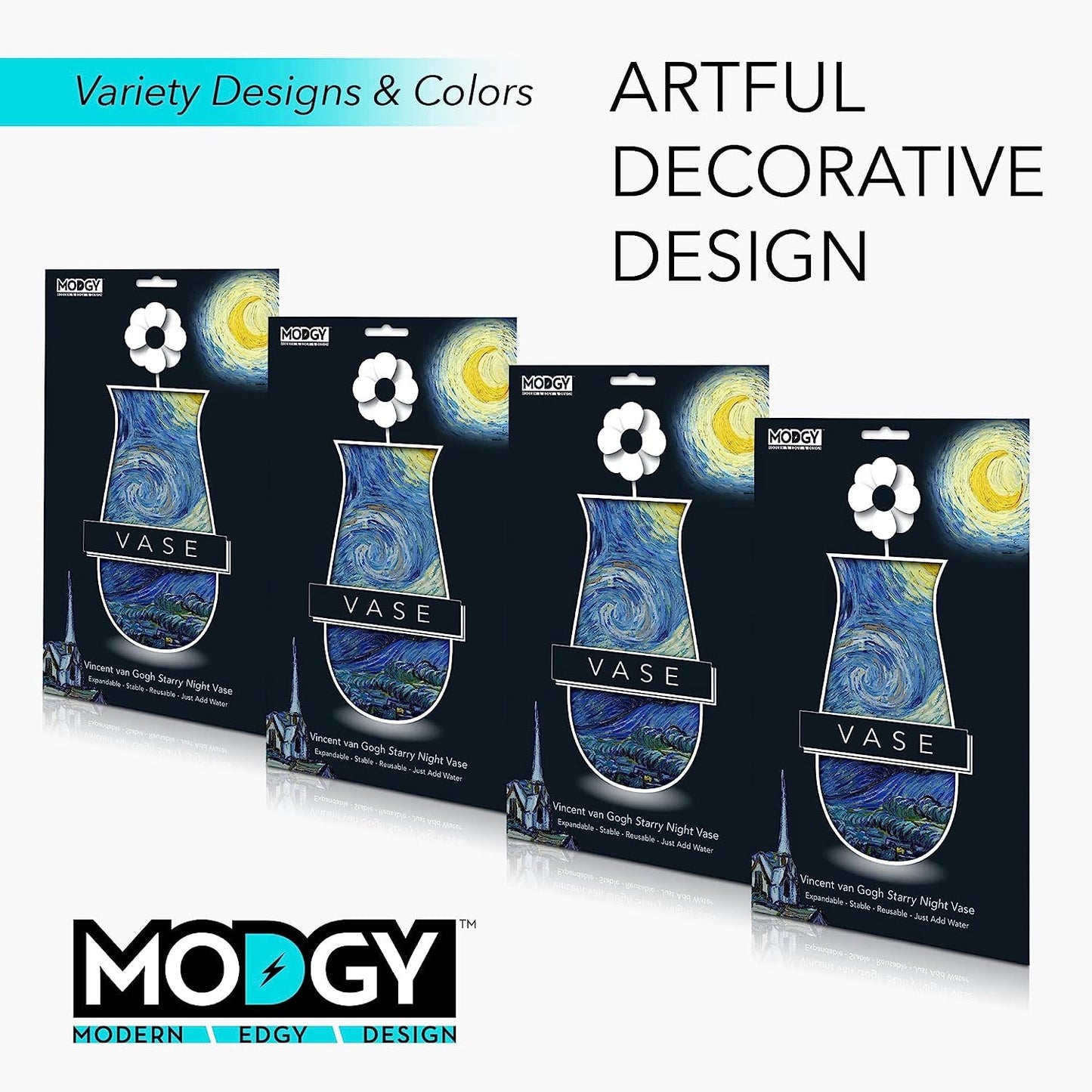 MODGY Expandable Flower Vase, Plastic Decorative Modern Foldable Printed Vases for Centerpieces for Wedding, Dining Table, Home Decor, Living Room, Bathroom, Starry Night, Vincent Van Gogh, 4 Pack