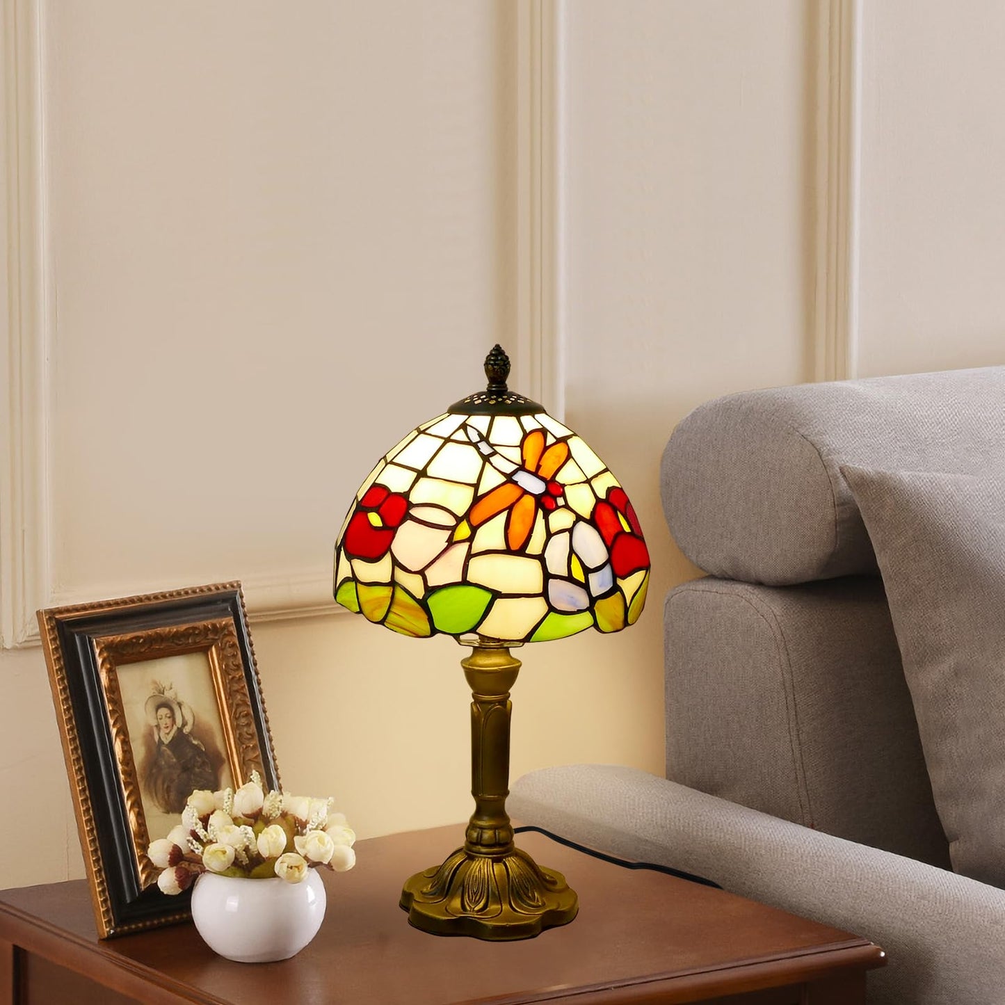 VirtueKing Tiffany Table Lamp Beautiful Dragonfly and Flower Style Lamp Handmade Stained Glass Desk Lamps Gifts Resin Base 14.2" Tall Vintage Reading Lamp for Office,Living Room, Bedroom, Study Room
