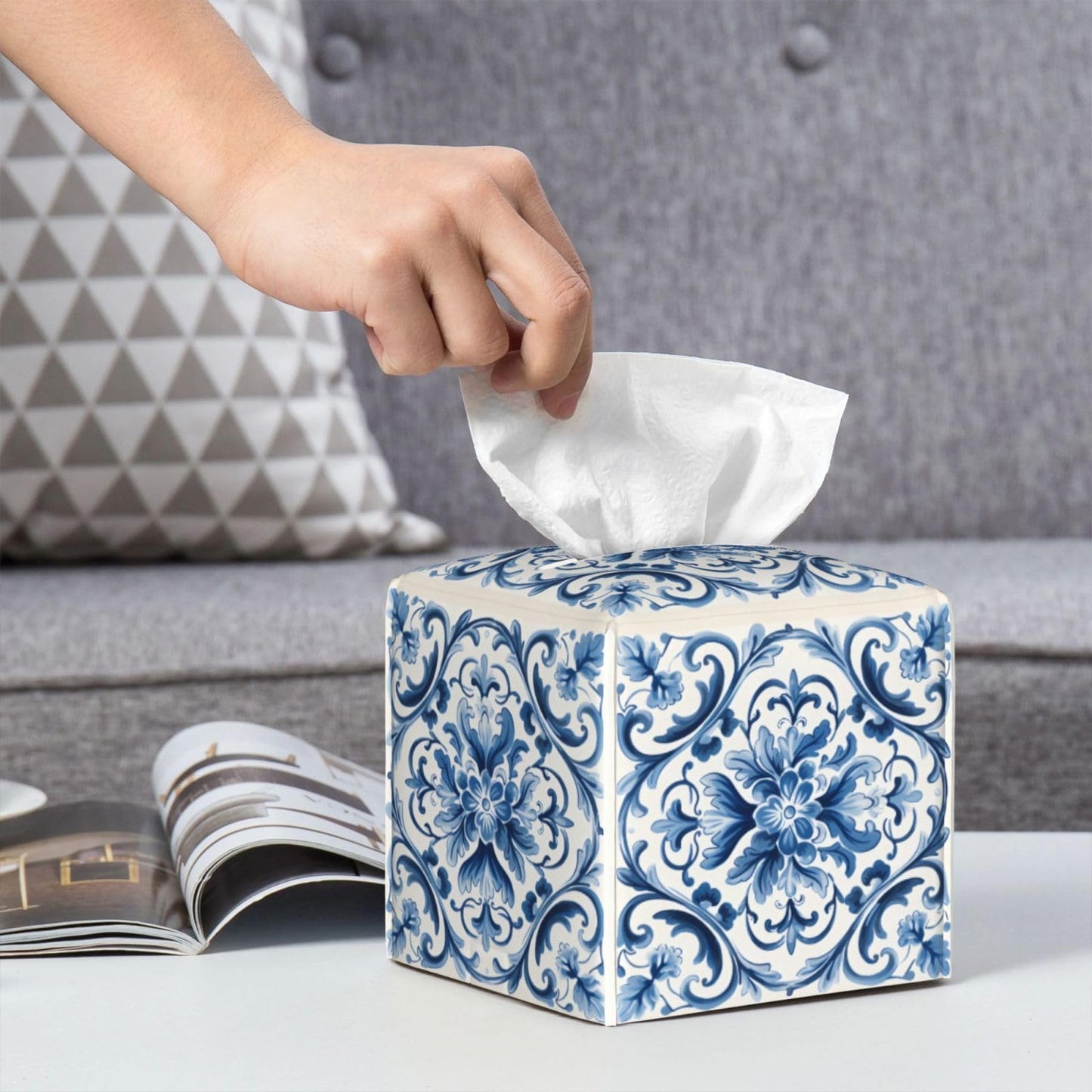 YPPAHHHH Square Tissue Box Cover Blue Boho Flower Retro Ceramic Cube Tissue Holder Cover Pu Leather Tissue Box Holder for Office Kitchen Car Bathroom Facial Paper Organizer Dispenser Covers