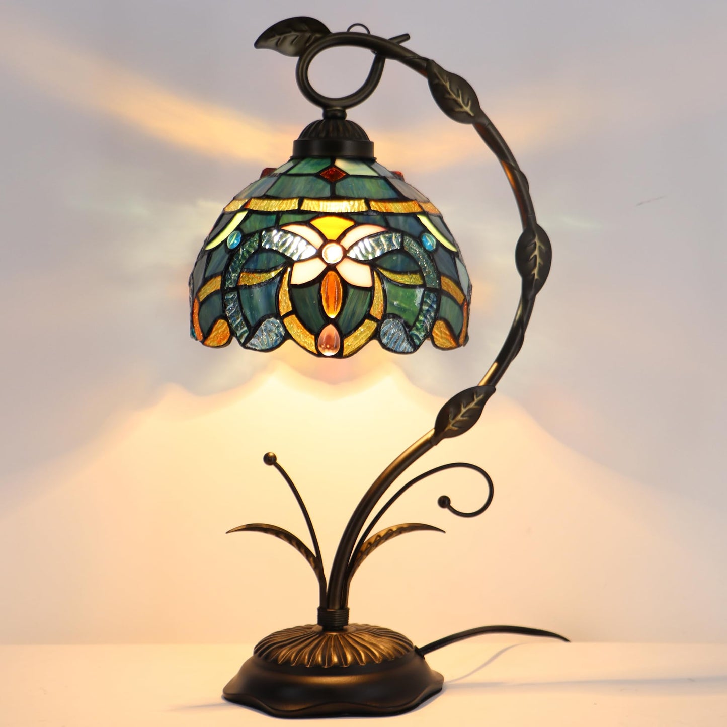 LXHCYOU Tiffany Table Lamp, Stained Glass Desk Reading Light, 8X10X19 Inches, Metal Leaf Base (Blue Baroque Style)