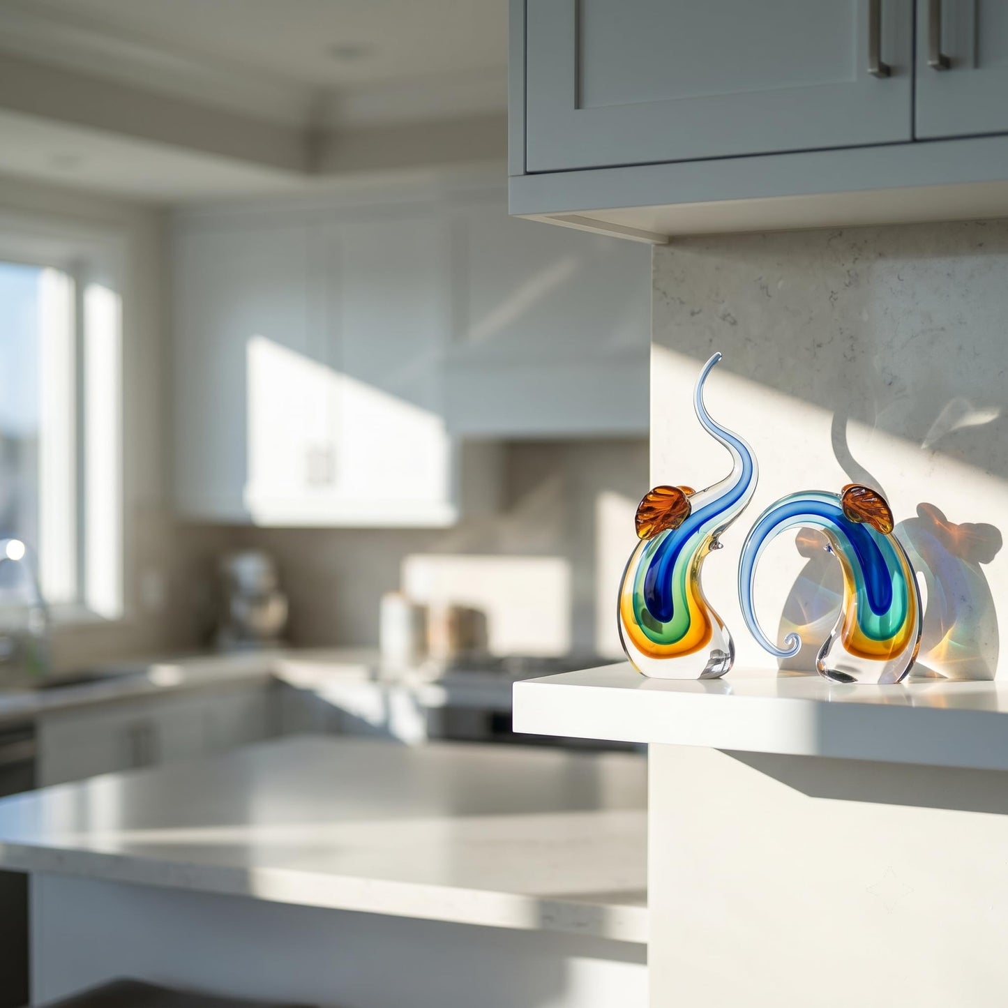 suruim Hand Blown Murano Glass Elephant Statues Set - Luxury Sculptures Home Decor for Living Room & Office Art Glass Ornament Animal Collectible (Blue)