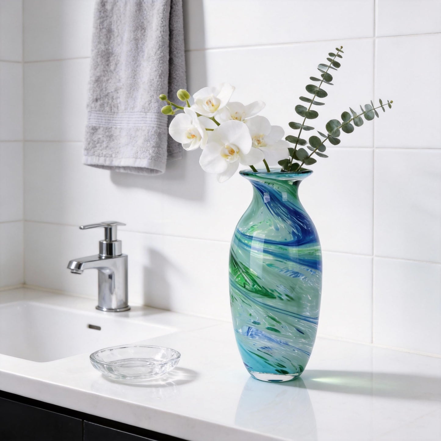 Hand Blown Glass vase, Blue Green Wide Mouth vase, Contemporary Glass Art Suitable for Display on Living Room Dining Tables, in Offices, bathrooms, Coffee Tables and hallways.