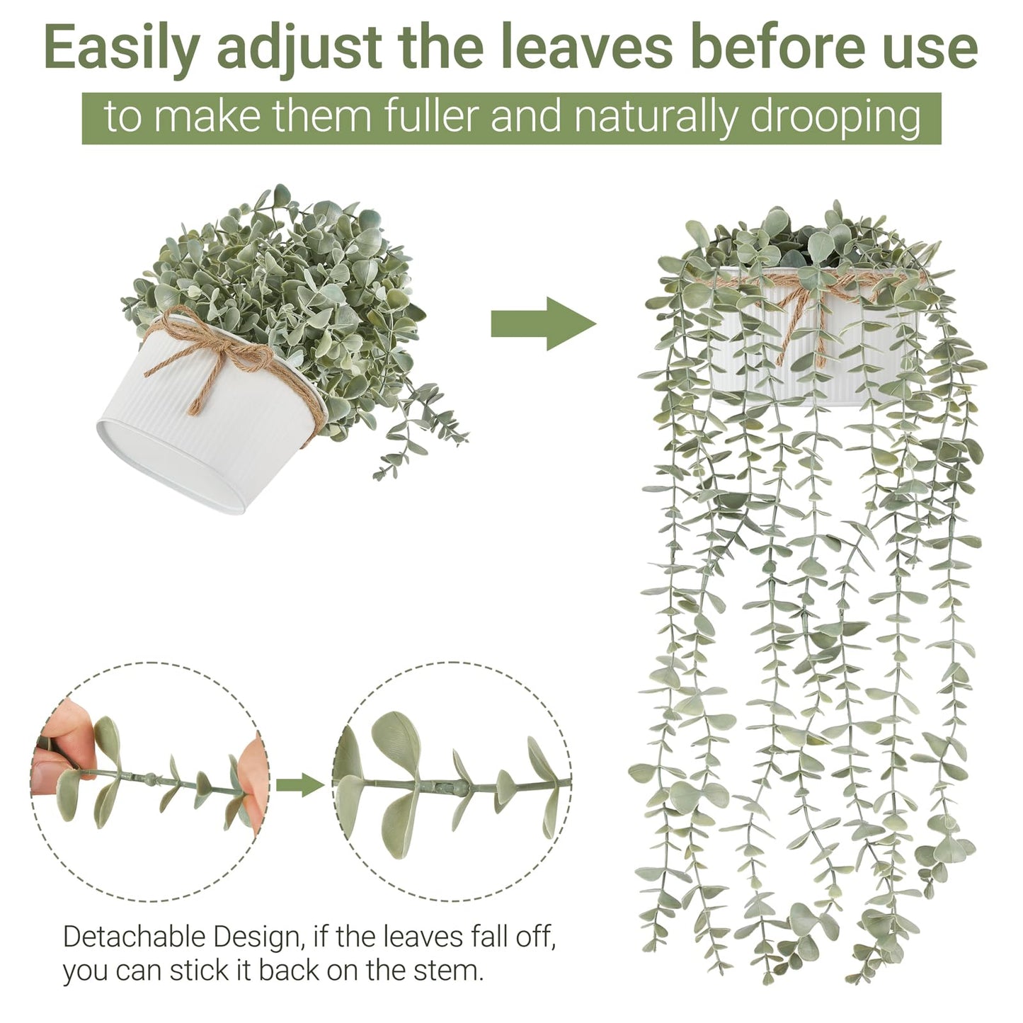 Mkono Fake Hanging Plants in Farmhouse Galvanized Pots Rustic Faux Potted Eucalyptus Greenery Indoor Artificial Plants for Book Shelf Mantel Living Room Bathroom Bedroom Home Office Decor (1, White)