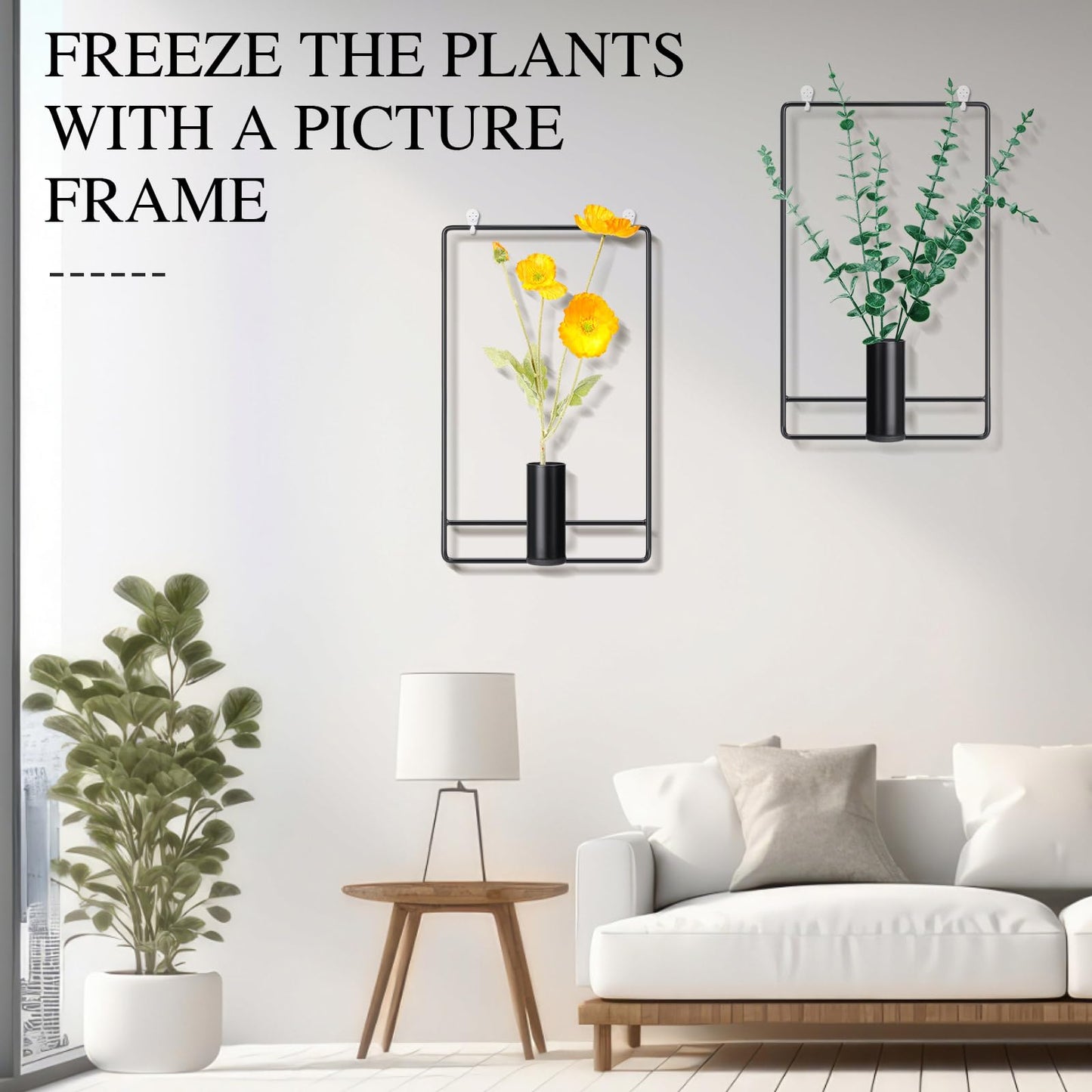 Romooa 2 Pcs Wall Decor Hanging Planters Metal Hanging Vase Black Indoor Plants Holder with 6 Pcs Traceless Hook, Wall Decor for Indoor, Outdoor, Home, Office, and Garden