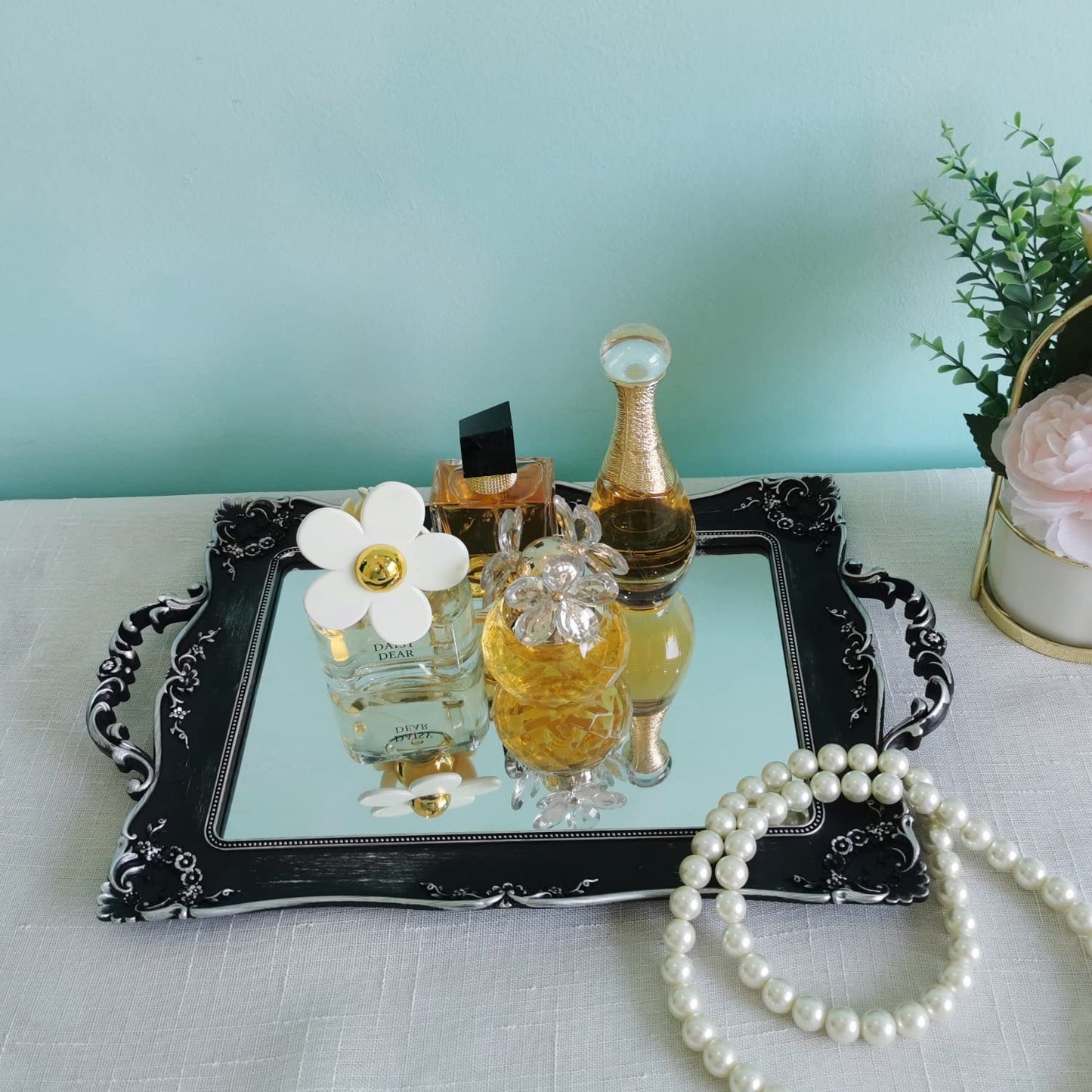 Yamfurga Rectangle Decorative Mirror Tray, French Style, Makeup Organizer, Jewelry Organizer, Serving Tray, 9.5"x 14.9", Silver Black