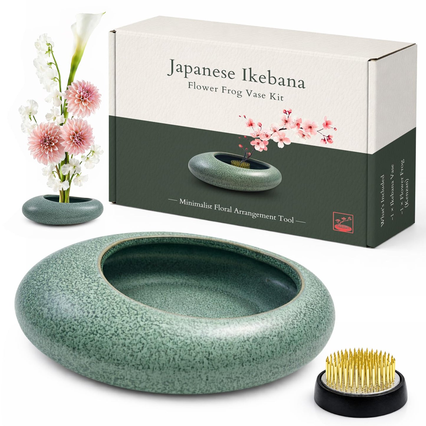 Japanese Flower Frog Vase Set, Celadon Glaze