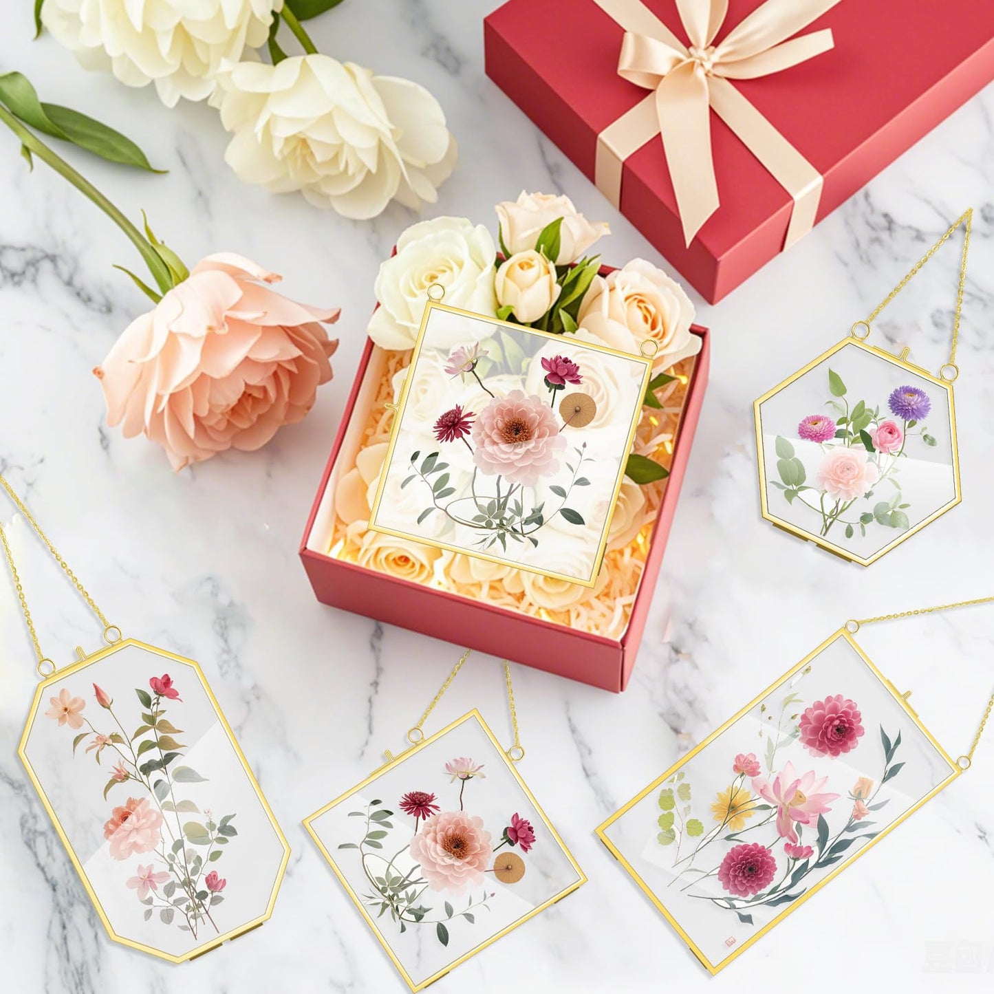 OINETRK 12 Pcs Brass Glass Frame for Pressed Flowers with Chain Clear Double Glass Floating Artwork Display Frame for Photo Gifts Wall Decor with Dried Plant Leaf, 6 Shapes