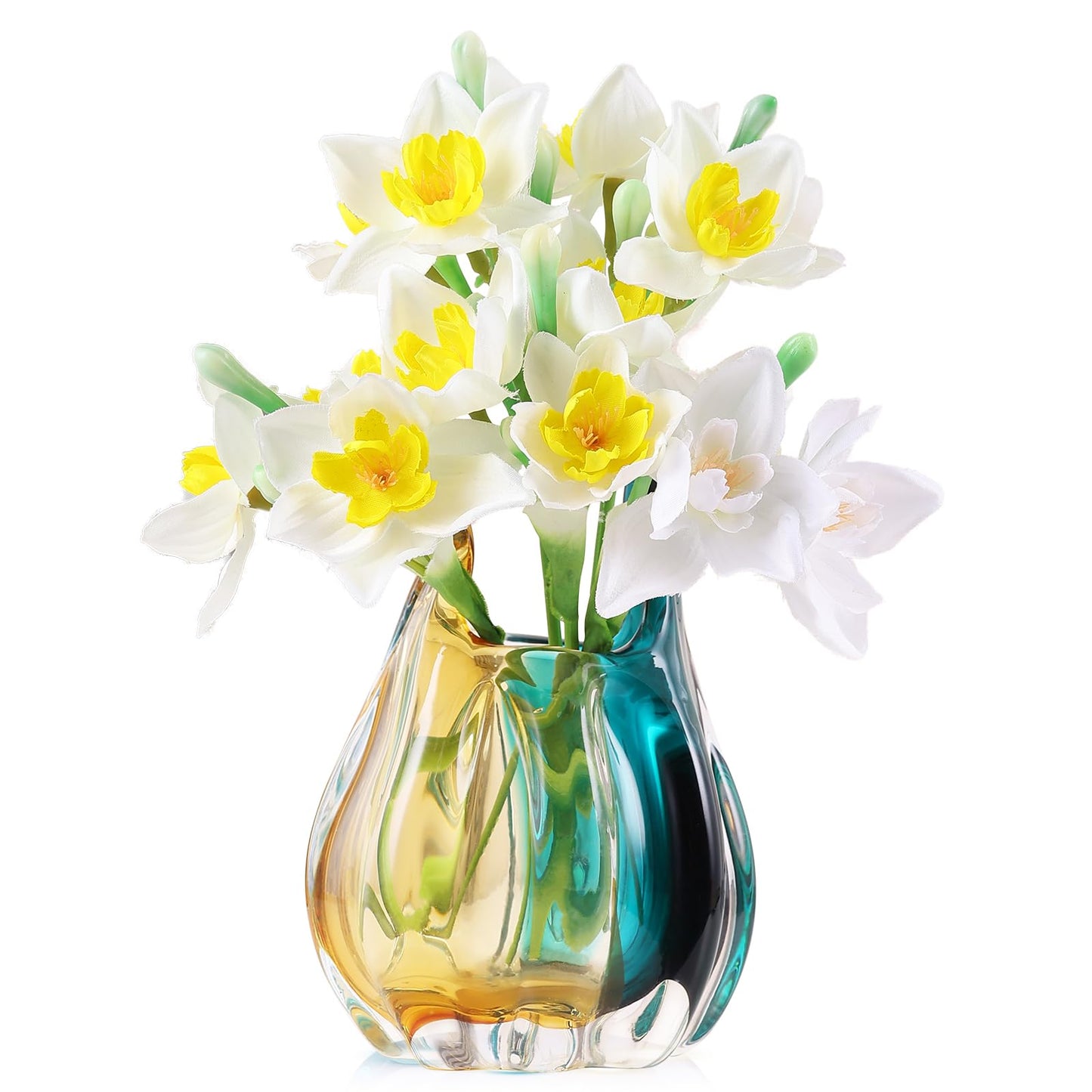 Hand Blown Glass Vase, Medium Wide Mouth Flower Vase Unique Modern Turquoise Glass Art Decor, Nonbreakable Vases for Table Centerpieces Living Room Decorative Amber and Teal Vase