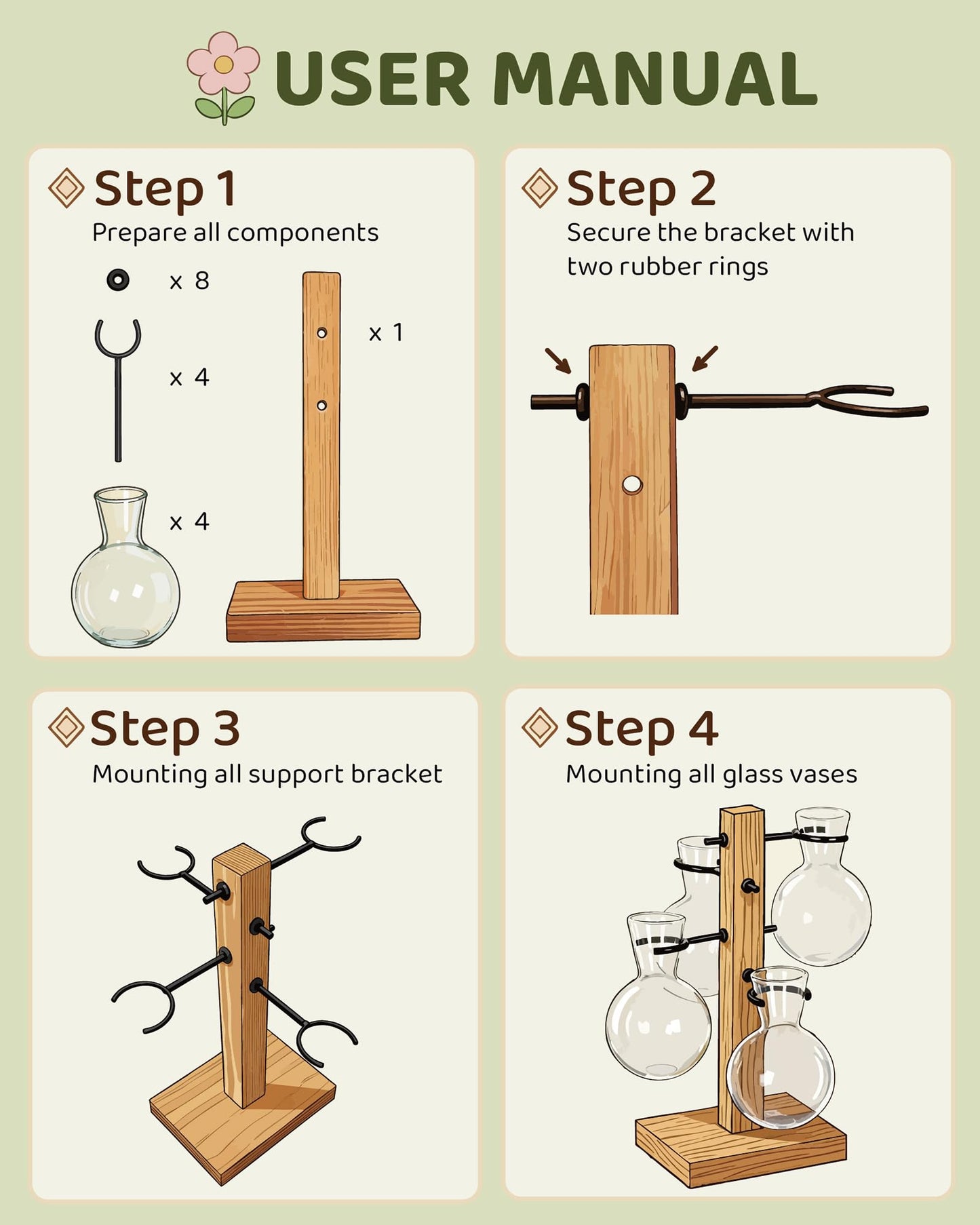 Mihoutal Plant Propagation Stations with Wood Stand, Plant Terrarium for Home Office Garden Decor, Gardening Gifts for Plant Lovers, 4 Glass Propagation Vases (Bulb Shape)