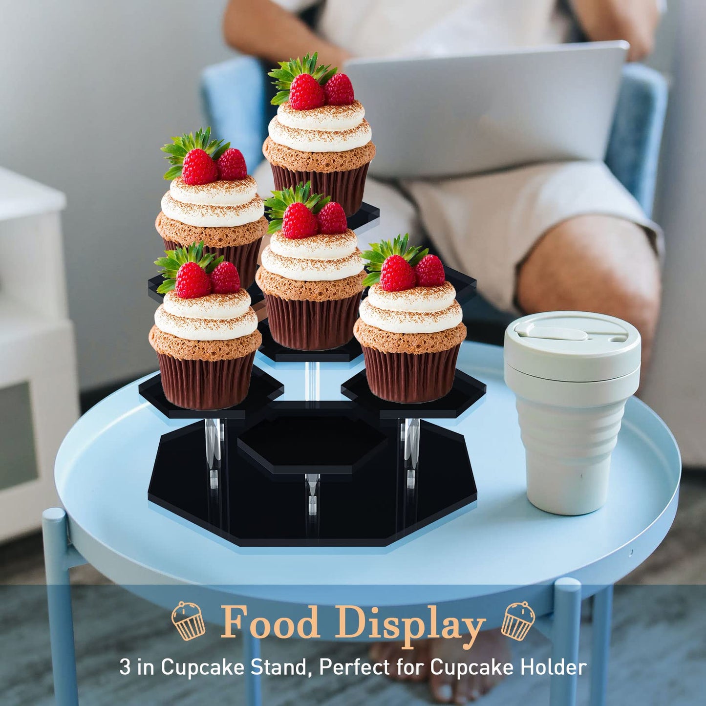 Acrylic Cupcake Stand with Patented 7-Tier Stable Design, Clear Perfume Organizer and Dessert Display Riser, Non-Wobble Tiered Display Stand for Figures, Collections, Vendor Events & Party (Large-Black)