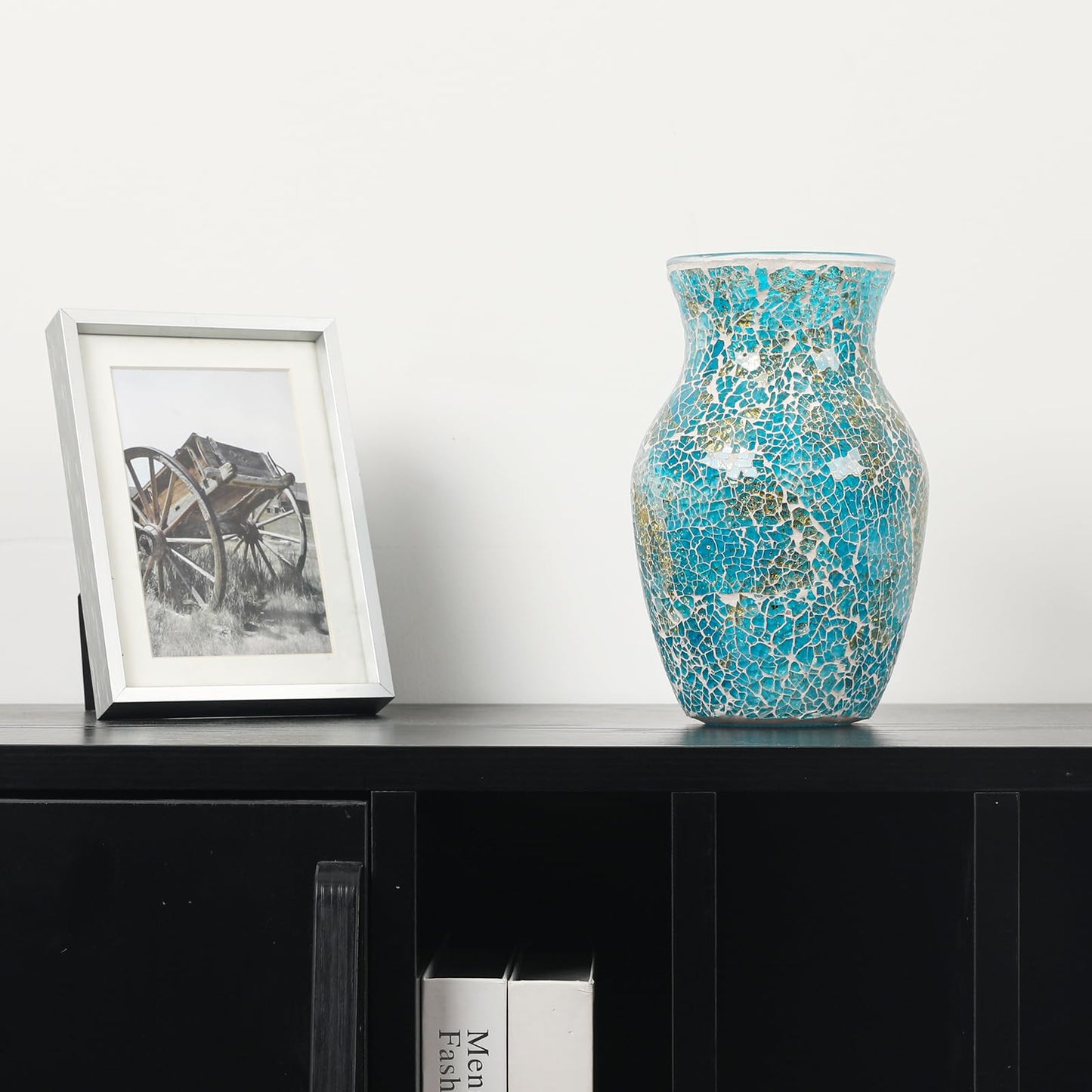 Faticdorr Mosaic Glass Vase, 8 Inch, Beautiful Mosaic Vase for Centerpiece, Home Decor, Wedding, Handmade, Blue and Gold