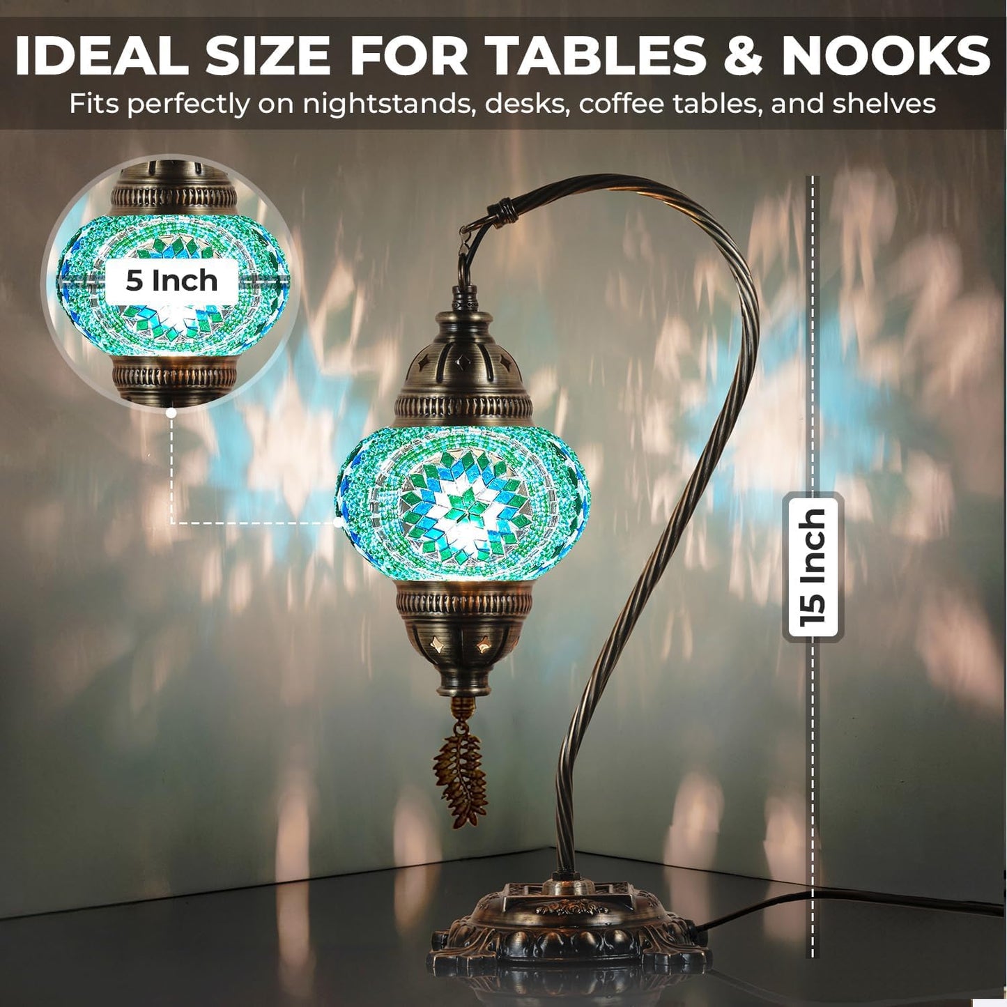 DEMMEX Turkish Moroccan Mosaic Table Lamp – Handcrafted Tiffany-Style Colorful Glass Swan Neck Bedside, Desk, Table Light, Boho Artisan Accent Lighting for Bedroom or Living Room – 15" H, Turquoise