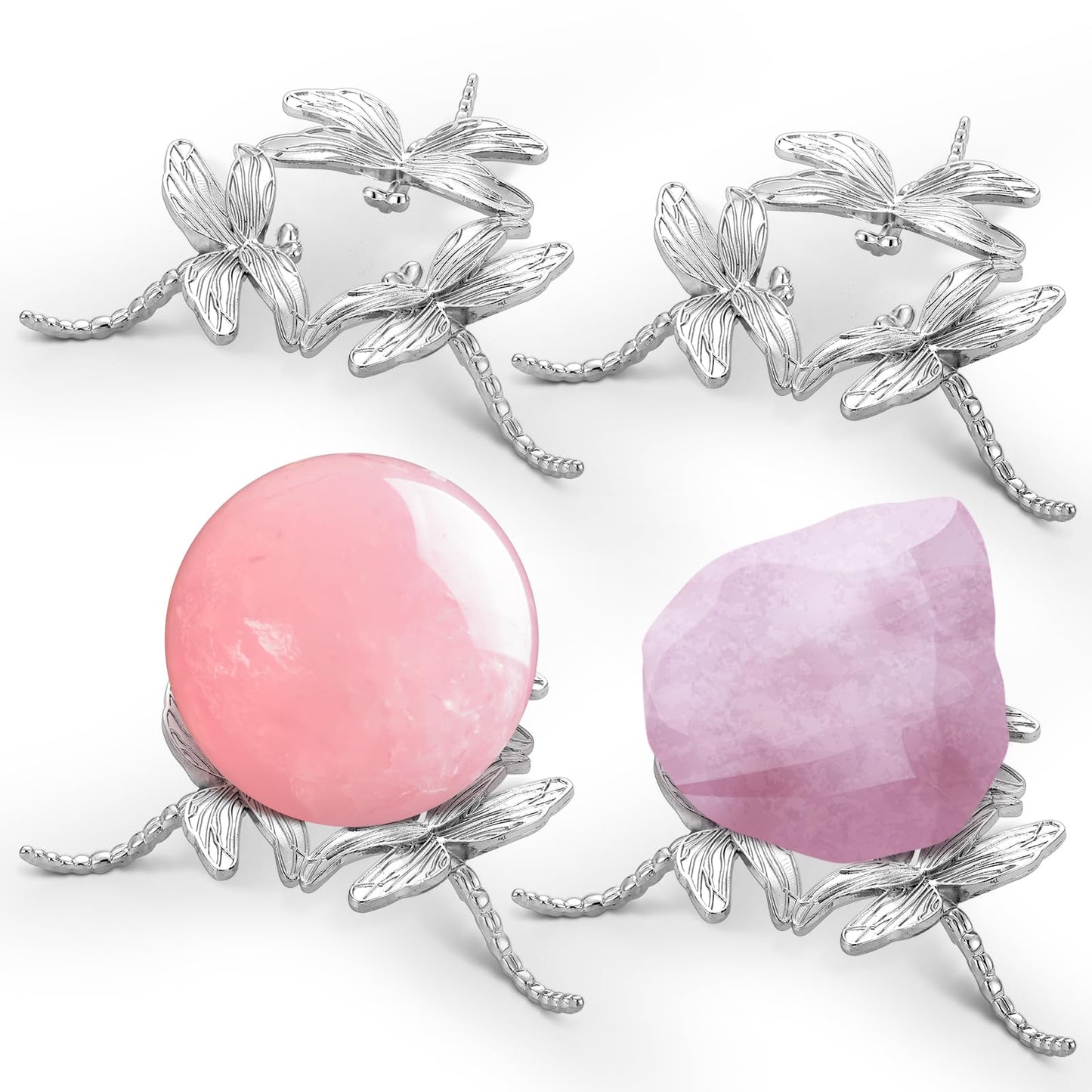 Chunful 4 Pcs Metal Dragonfly Crystal Ball Stand Silver Sphere Holder Lensball Base Dragonfly Shaped Sphere Display Stand Globe Stone Display Rack Ornaments for Rocks Marbles Tennis Collections