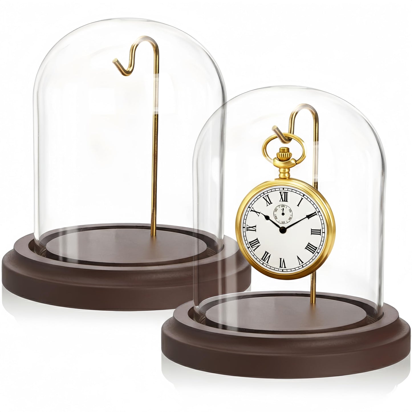 ZOOFOX 2 Pack Pocket Watch Glass Display Dome, Clear Glass Display Cloche with Hook and Wooden Base, 3" x 4" Decorative Bell Jar for Watch Plants Medals Photos Collectibles