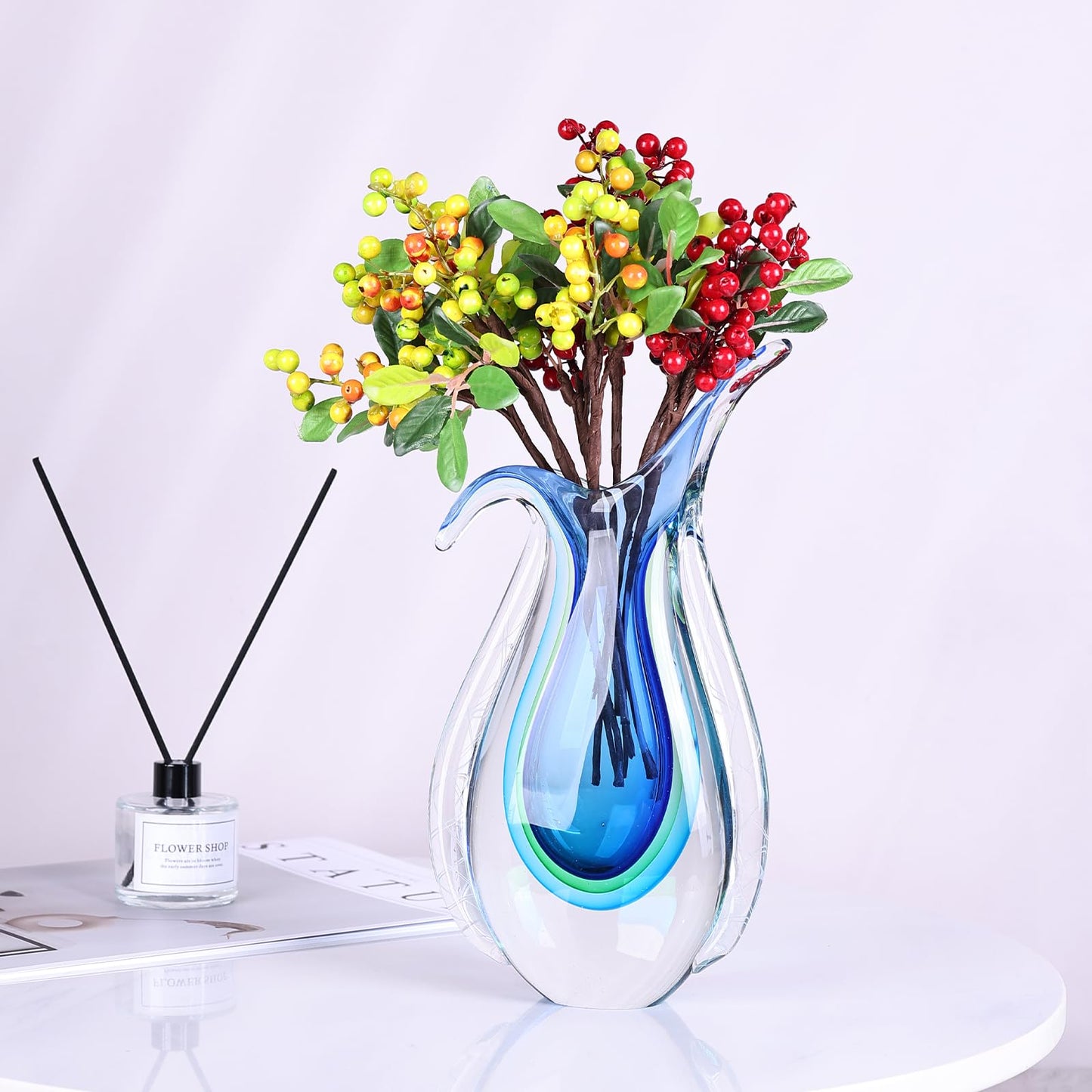 Blown Glass Blue vase, Unique Murano Style Glass Art Deco vase for Living Room TV Stand, Table Setting, Office, Room and Desktop Decorations and Ornaments.