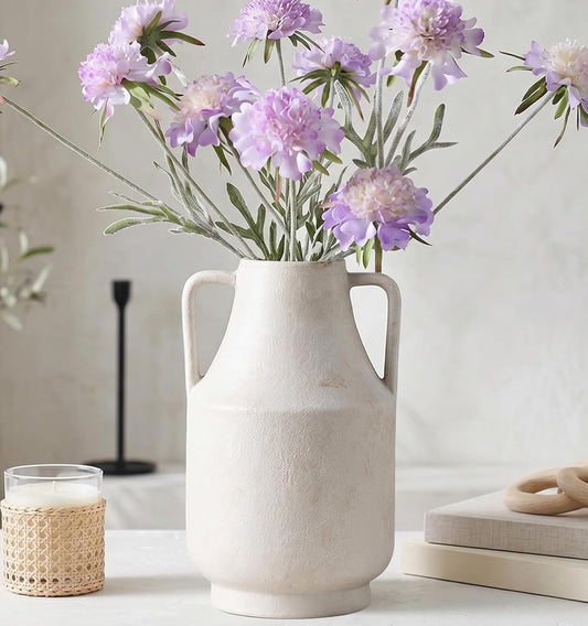 Ceramic Flower Vase with Handles, 11in Large Farmhouse Table Terracotta Vases, Waterproof Flower Pottery Vases for Home Decor, Living Room,Table, Handcrafted (Off-White)