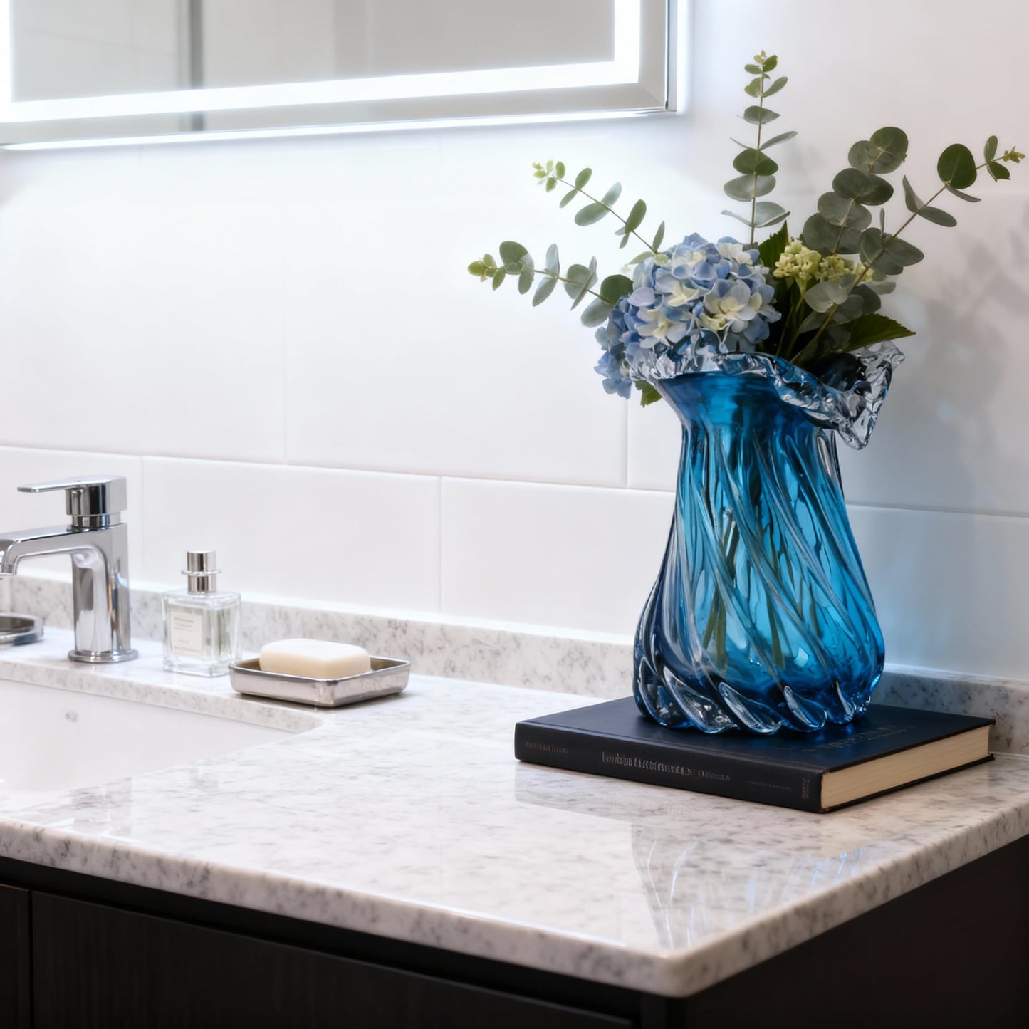 Hand-Blown Blue Glass vase, Wide-Mouth Decorative vase, Blue Glass vase, Suitable for centerpieces on Dining Tables, Living Room Coffee Tables, TV Stands, entryway Decor, and Office Desk Accents.(S)