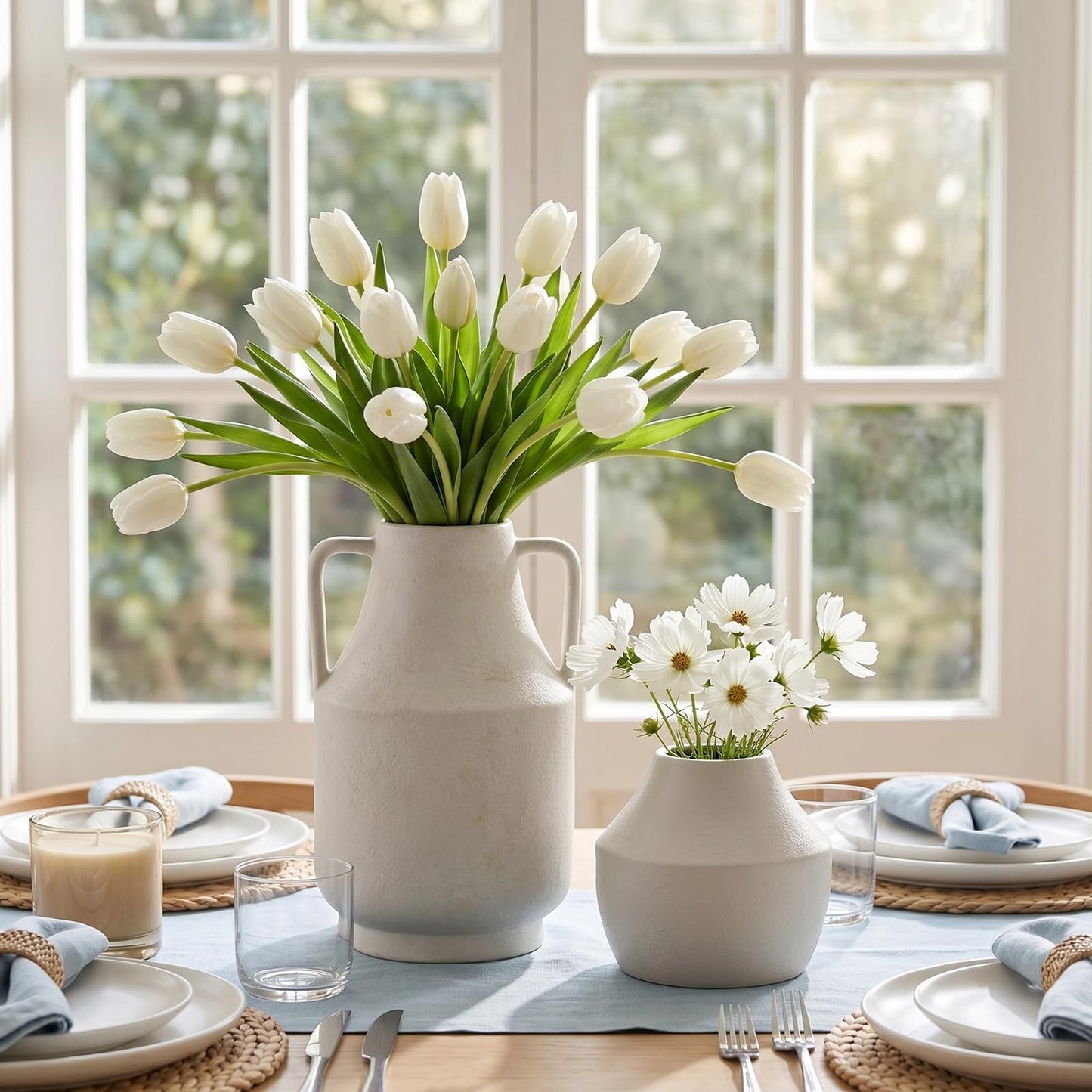 Ceramic Flower Vase with Handles, 11in Large Farmhouse Table Terracotta Vases, Waterproof Flower Pottery Vases for Home Decor, Living Room,Table, Handcrafted (Off-White)
