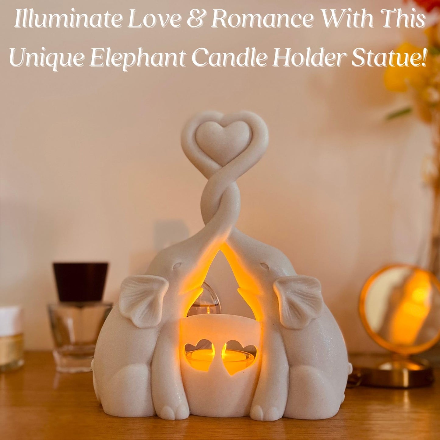 OakiWay Elephant Gifts for Women - Love Candle Holder Statue with Flickering LED for Couple - Ivory 14th Wedding for Her - Elephant Home Deco'r Valentine's Present