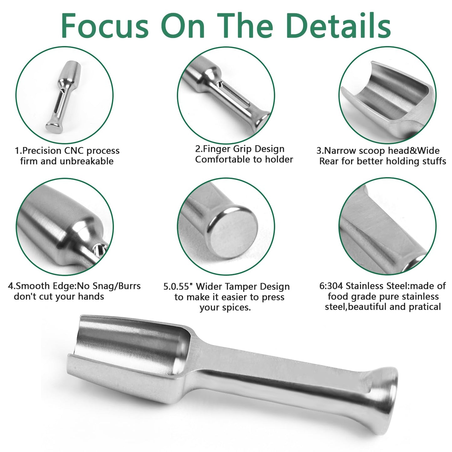Mini SS304 stainless steel scoop with tamp tool,0.25 gram 2.56 inch capacity spoon for multi-purpose use sugar salt powder spices dishwashers safe for kitchen Laboratory