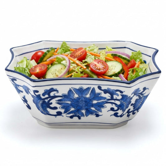FoldTier Blue and White Porcelain Serving Bowl, 7" Blue White Long Octagon Ceramic Sugar Candy Bowls, Fruit Bowls, Salad Bowl Decorative Pedestal