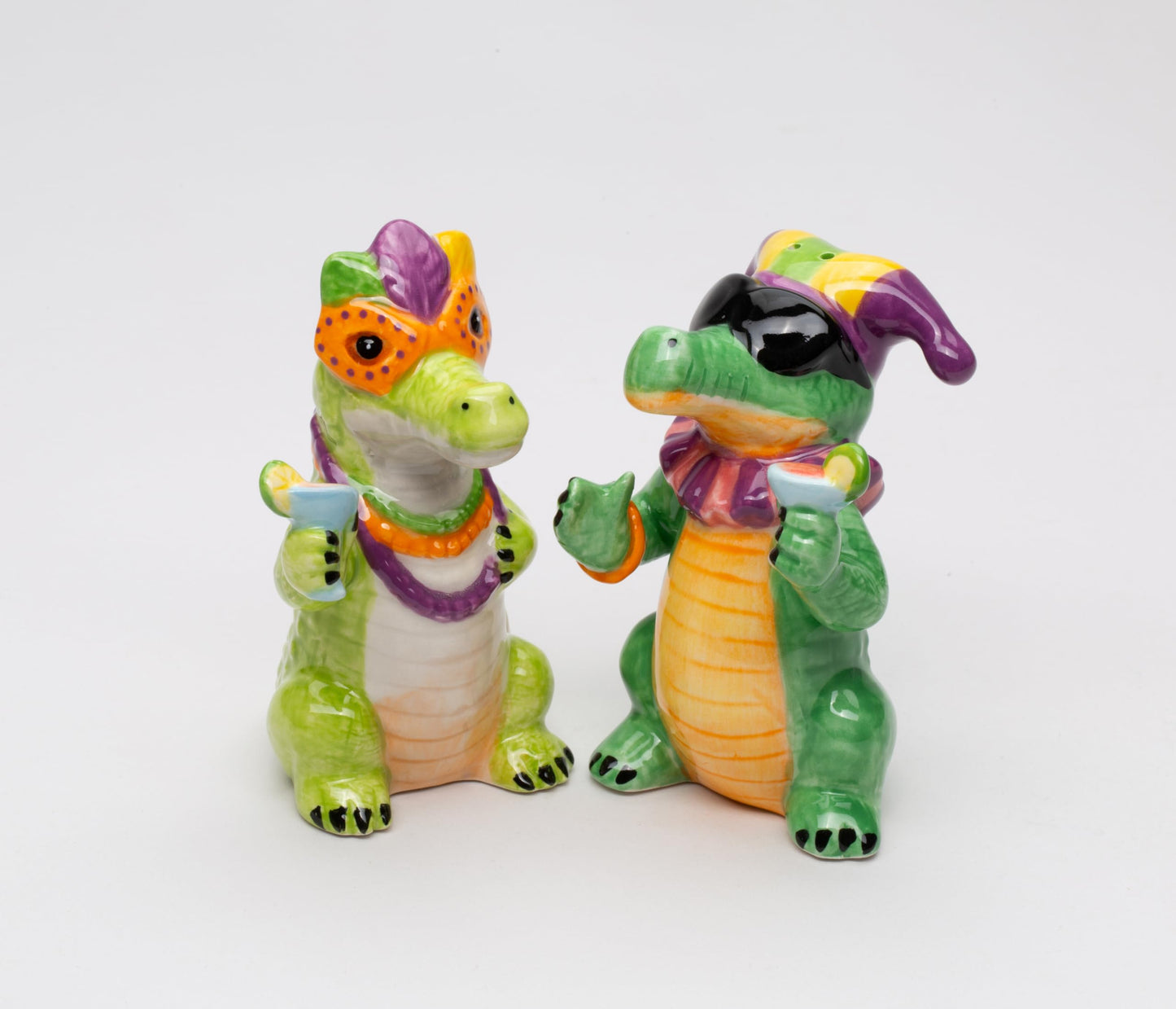 Fine Ceramic Mardi Gras Fat Tuesday Masked Crocodille Allegator Salt & Pepper Shakers Set, 3-7/8" H