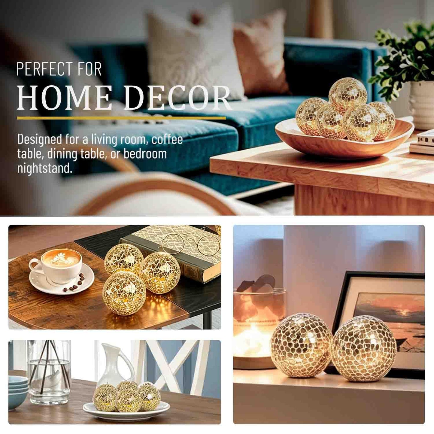 v2croft 4 in Decorative Orbs Glass Balls Set of 3,Mosaic Sphere Globe for Whole Housewares,Wedding/Birthday,Bowls,Vases Dining Table Centerpieces (Gold)