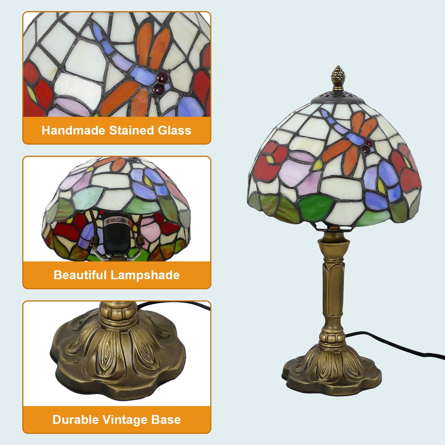 VirtueKing Tiffany Table Lamp Beautiful Dragonfly and Flower Style Lamp Handmade Stained Glass Desk Lamps Gifts Resin Base 14.2" Tall Vintage Reading Lamp for Office,Living Room, Bedroom, Study Room