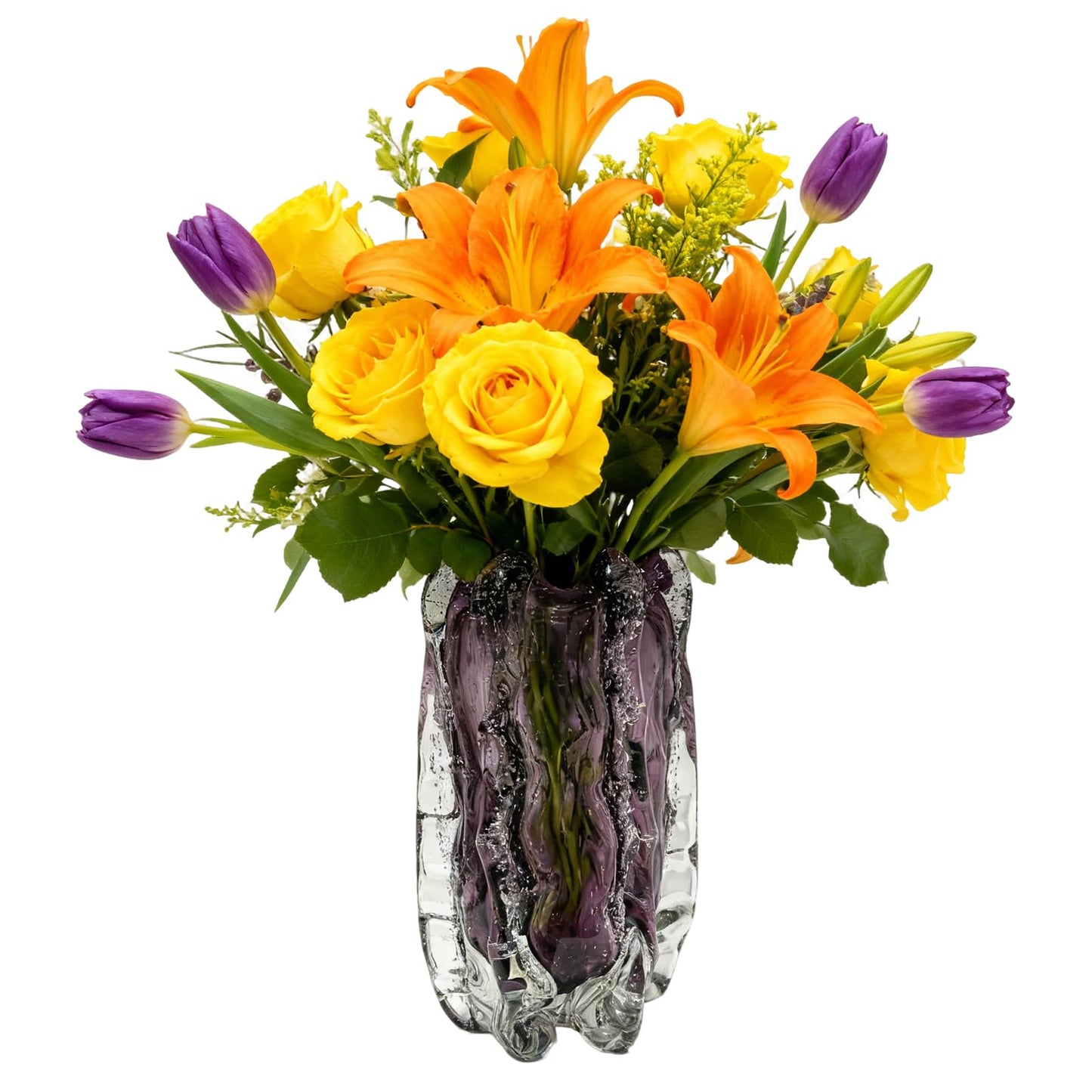 Hand-Blown Art Glass Vase, Modern Ripple Texture Decorative Vase (Purple), Unique Wide-Mouth Glass vase, Table Centerpiece for Home Office Wedding Living Room (Purple, L)