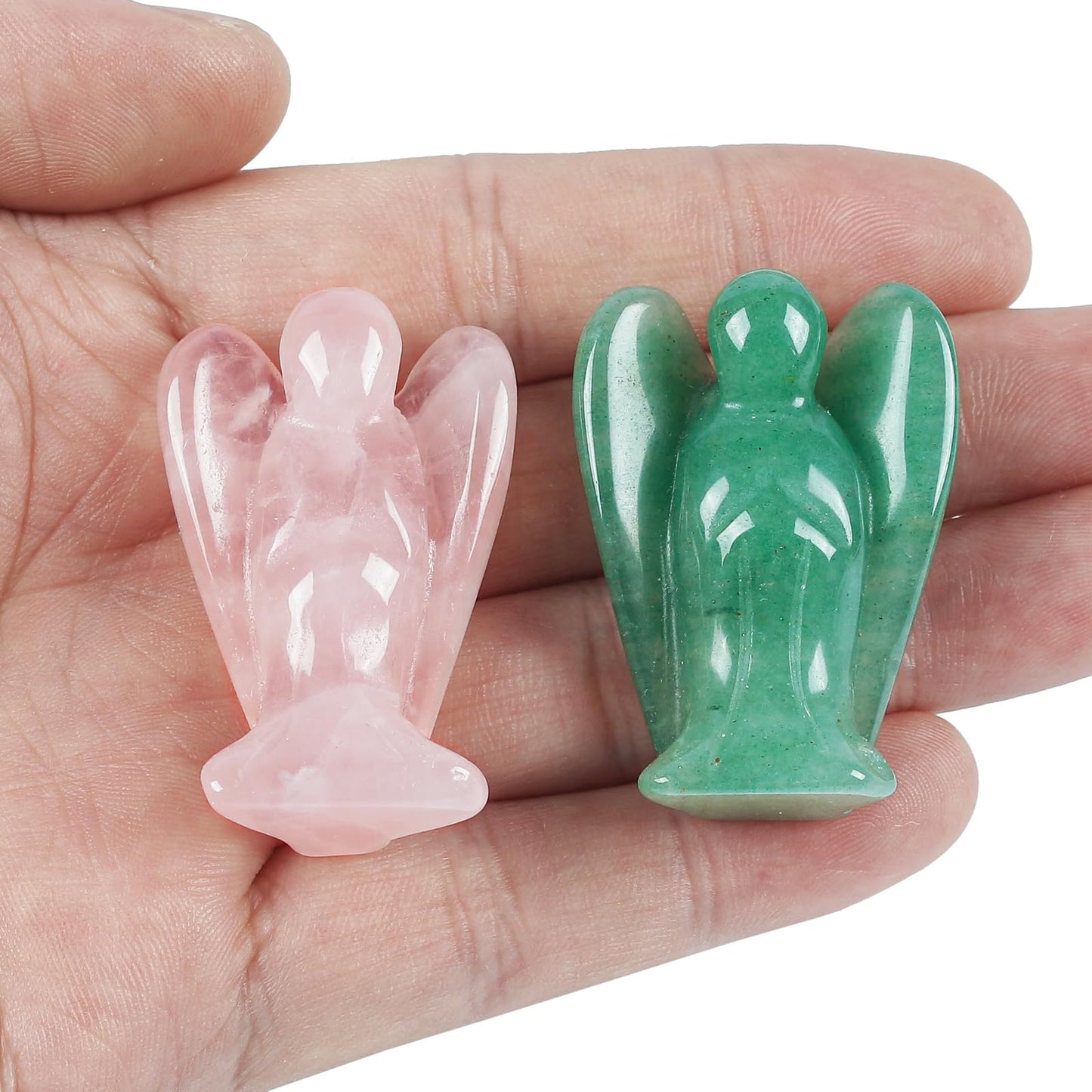 Loveliome Mini Crystal Angel, 2 Pcs Pocket Carved Gemstone Guardian Figurines Healing Statue Home Decor 1.5 inch, Rose Quartz + Green Aventurine