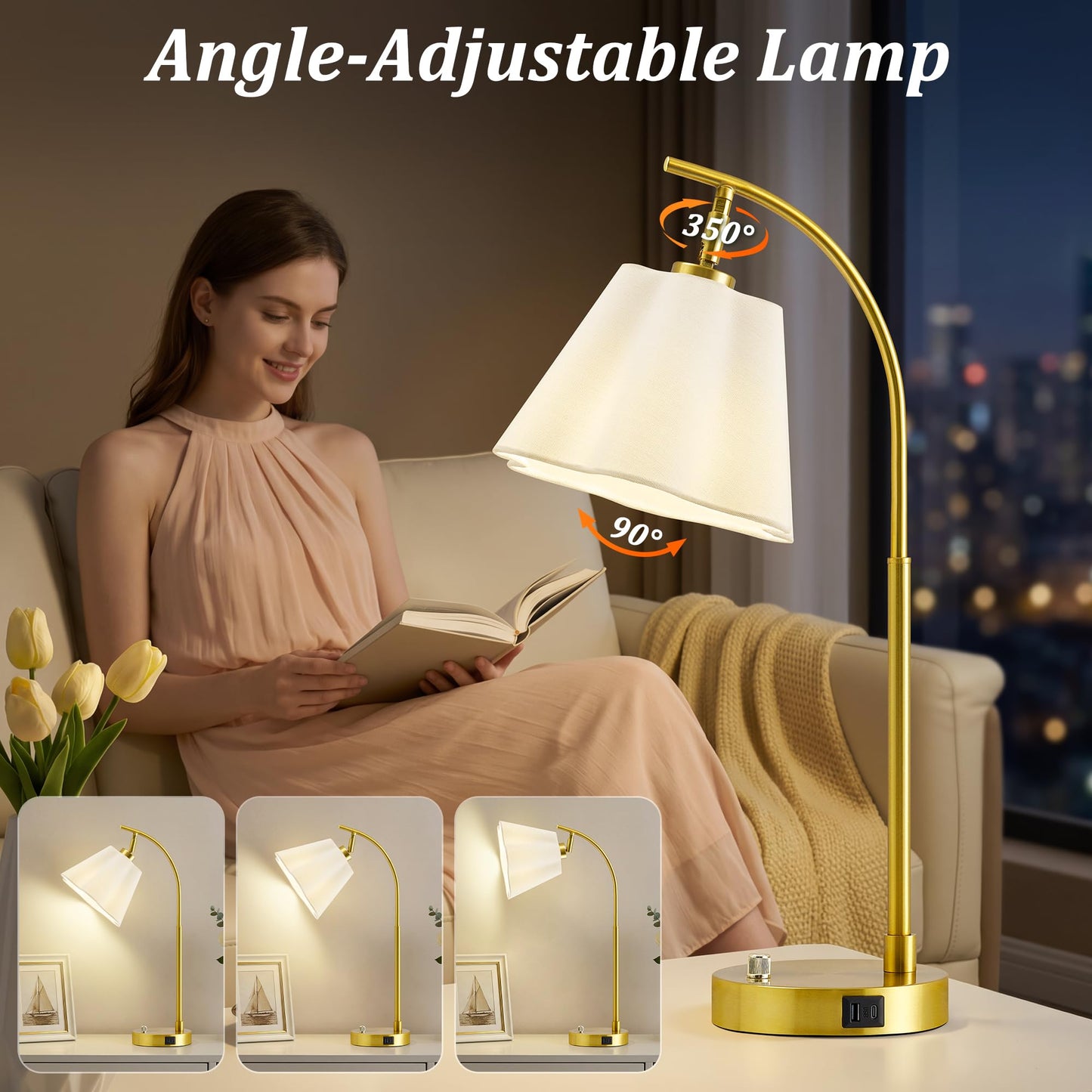 Gold Table Lamp Set of 2, Bedside Table Lamp with USB C+A Ports, Stepless Dimmable Nightstand Lamp, Small Cute Bedroom Lamps, Flower Lamp for Bedroom, Living Room, Home Office(Bulbs Included, Gold)