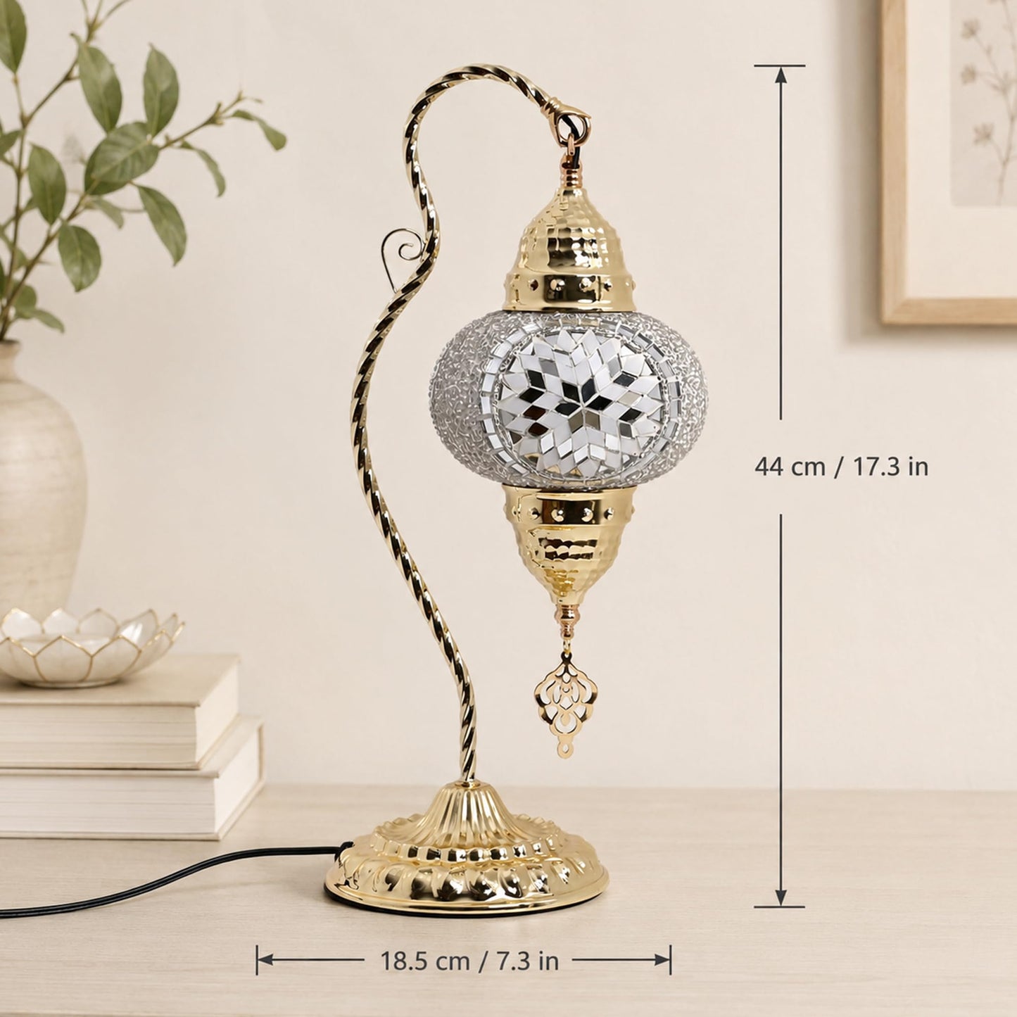 GOGERS Turkish Mosaic Table Lamp, Moroccan Style Swan Neck Bedside Lamp with Handmade Glass Shade, LED Bulb Included, Warm Ambient Decorative Accent Lamp for Bedroom, Living Room, Nightstand (White)